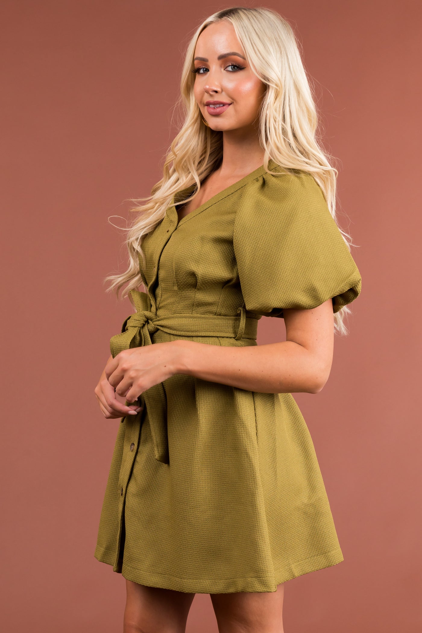 Olive Button Down Belted Short Dress