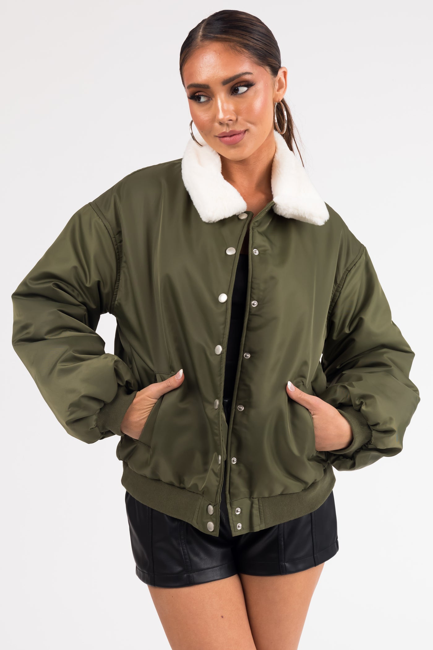 Olive Button Down Faux Fur Collar Bomber Jacket