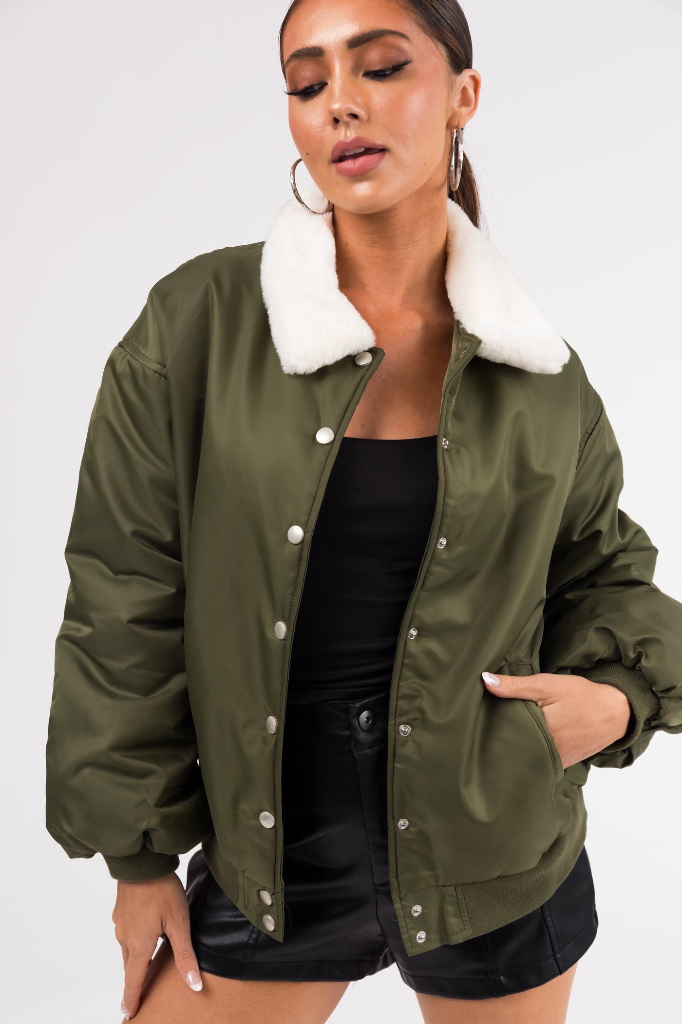 Olive Button Down Faux Fur Collar Bomber Jacket