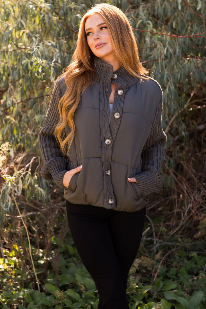 Olive Button Up Long Sleeve Sweater Jacket