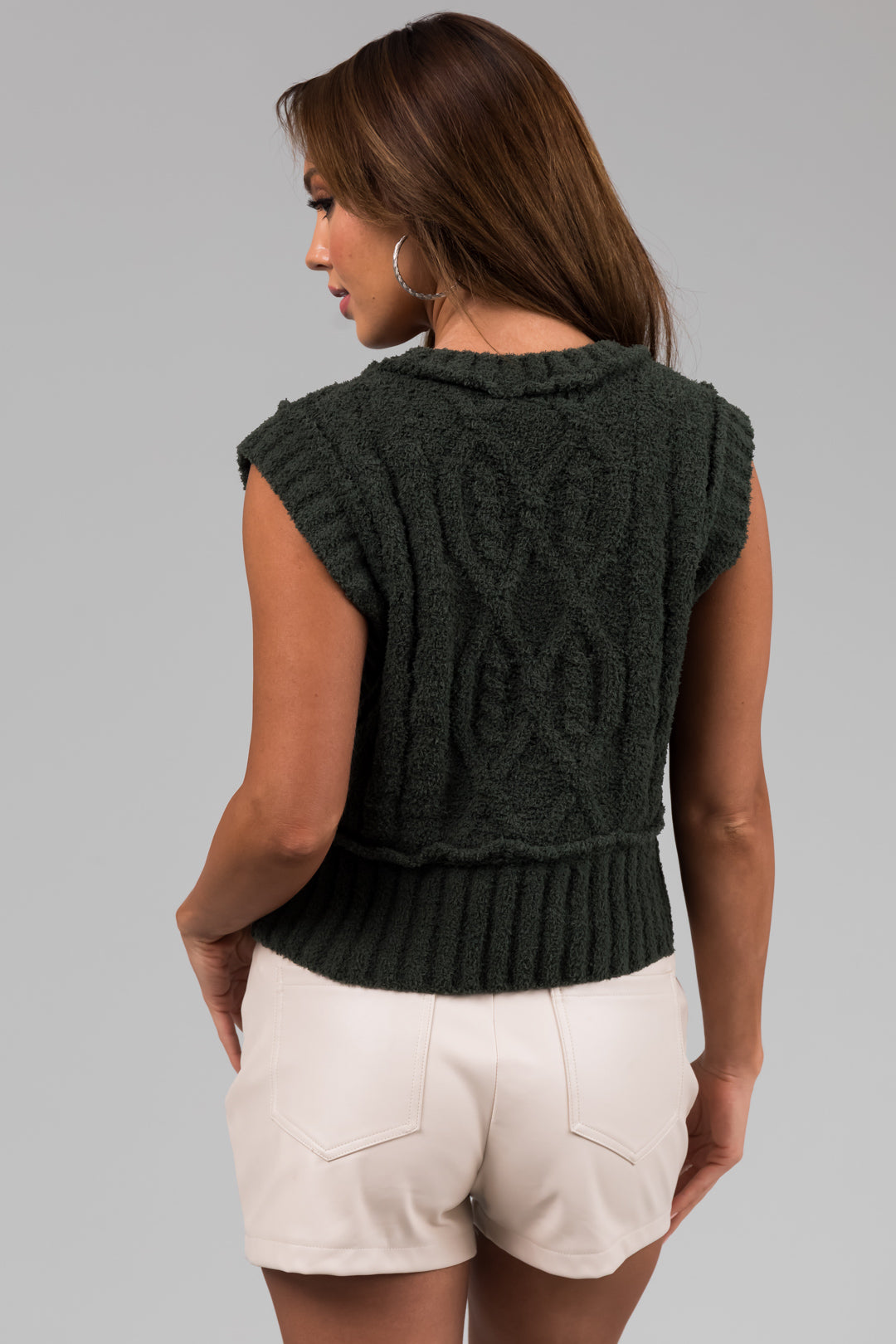 Olive Cable Knit Cropped Fuzzy Sweater Vest