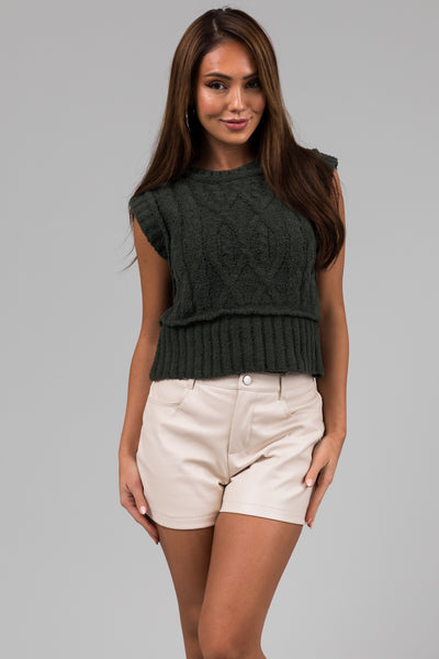 Olive Cable Knit Cropped Fuzzy Sweater Vest