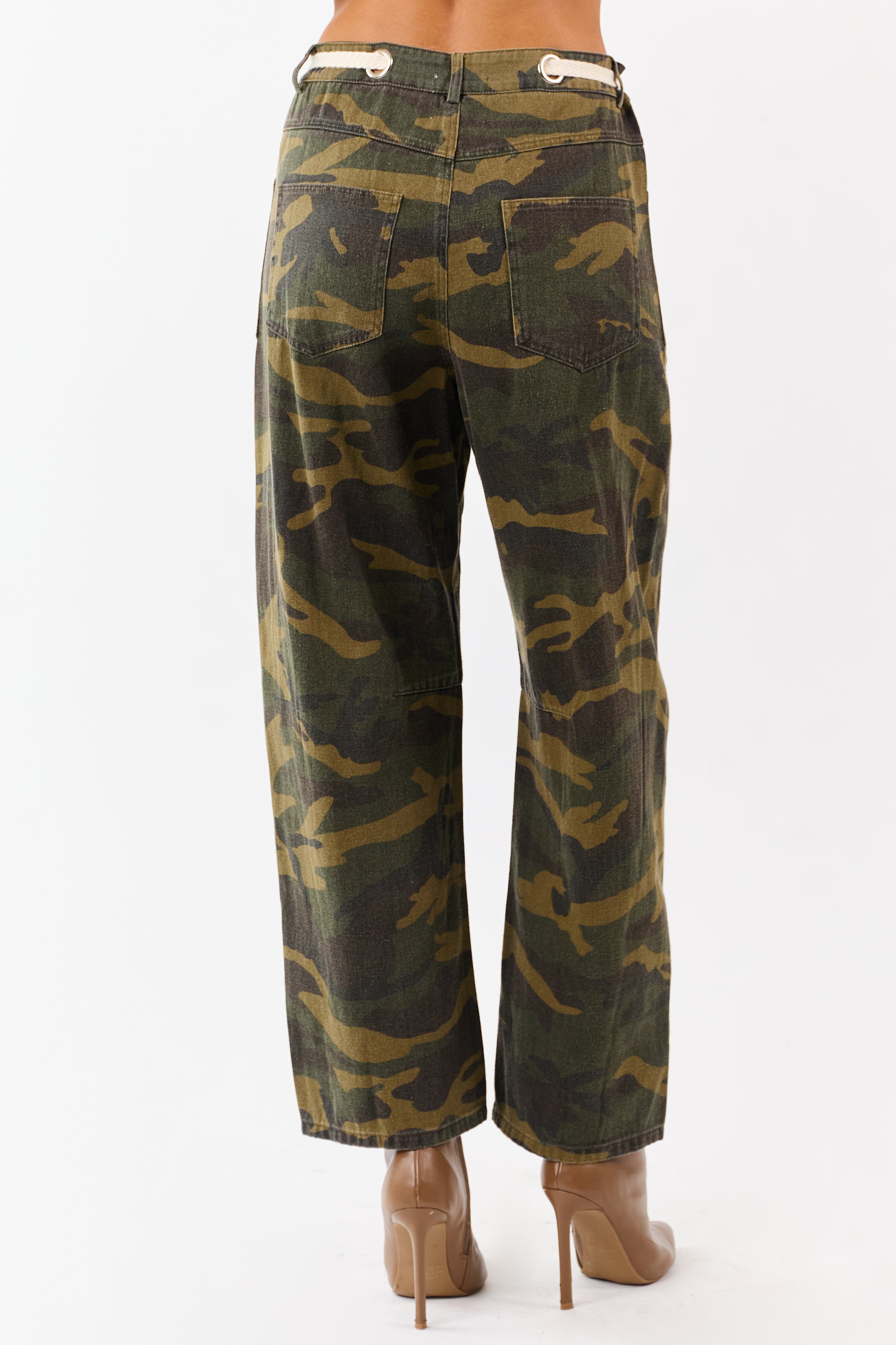 Olive Camo Denim Waist Tie Wide Leg Pants