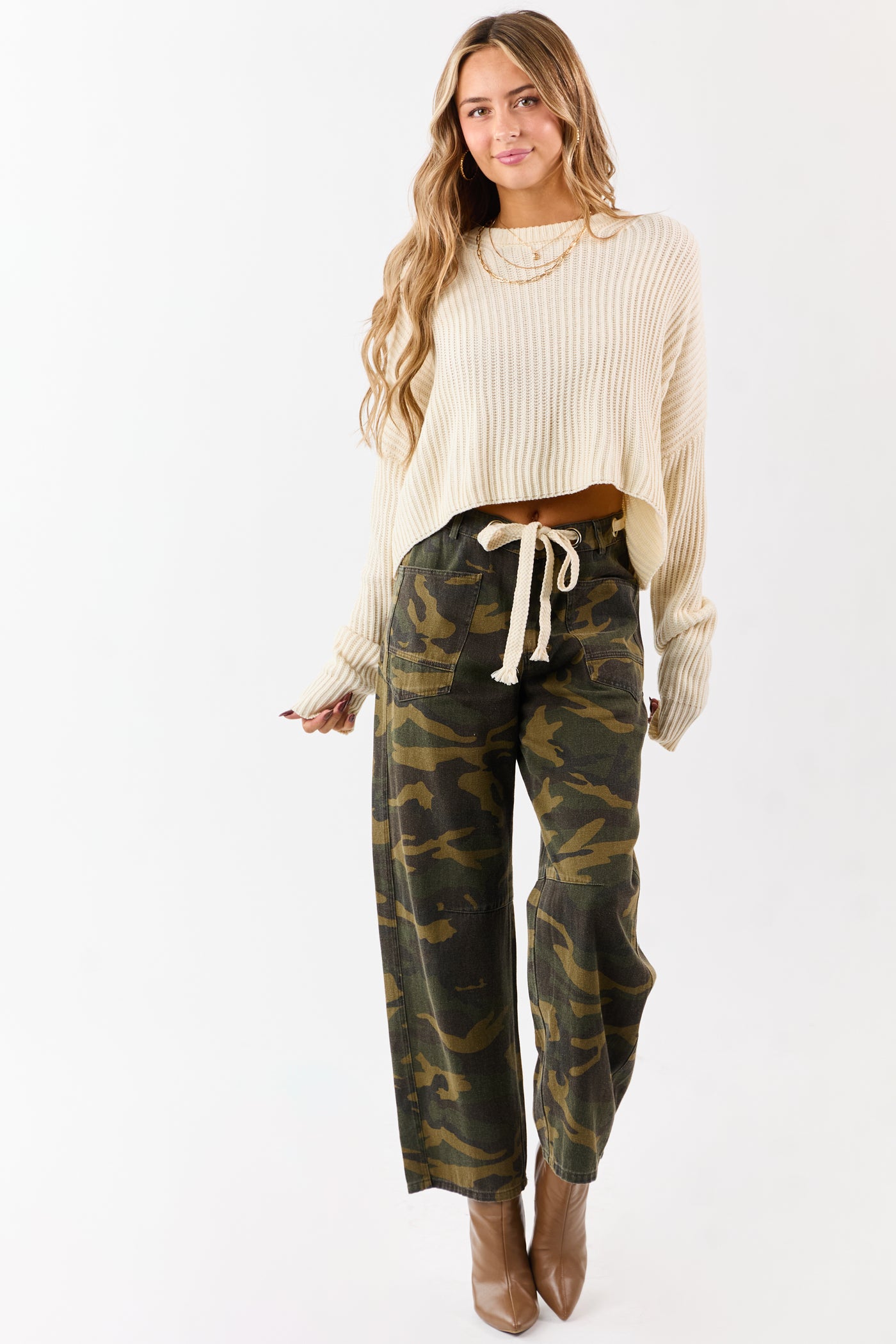 Olive Camo Denim Waist Tie Wide Leg Pants