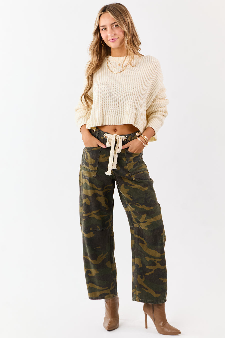 Olive Camo Denim Waist Tie Wide Leg Pants