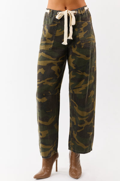 Olive Camo Denim Waist Tie Wide Leg Pants