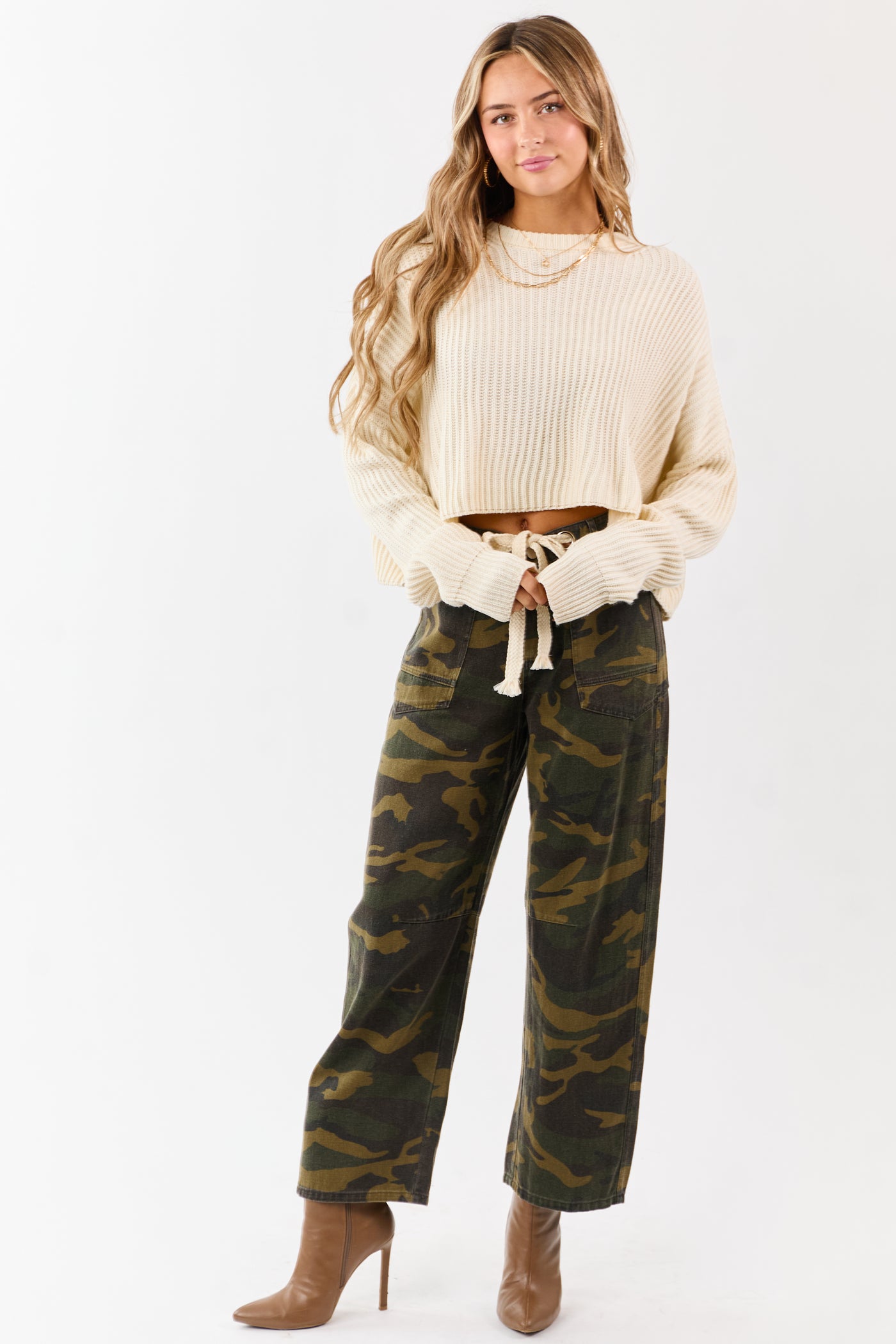 Olive Camo Denim Waist Tie Wide Leg Pants
