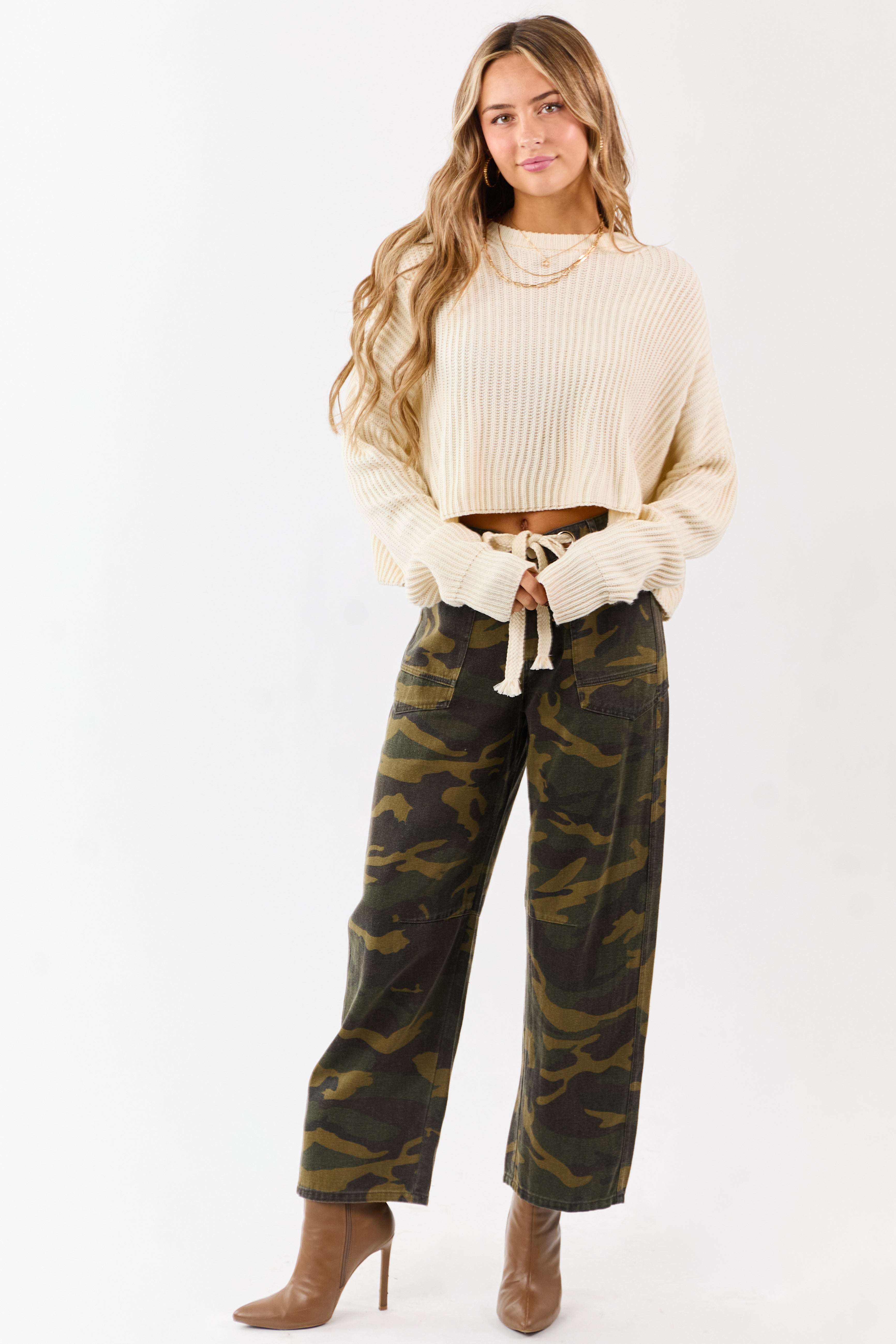 Olive Camo Denim Waist Tie Wide Leg Pants