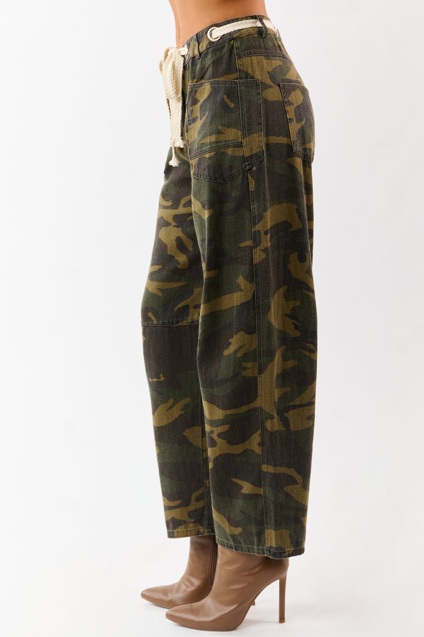 Olive Camo Denim Waist Tie Wide Leg Pants