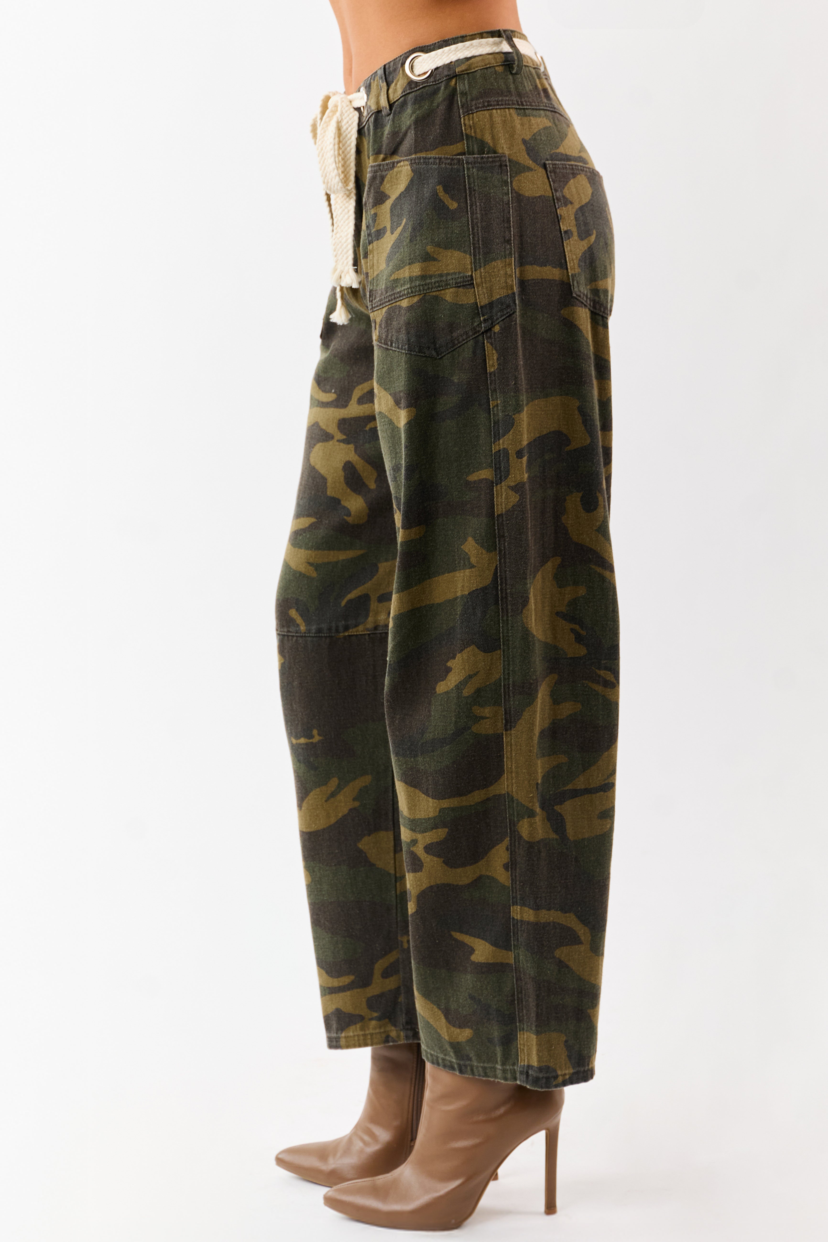 Olive Camo Denim Waist Tie Wide Leg Pants