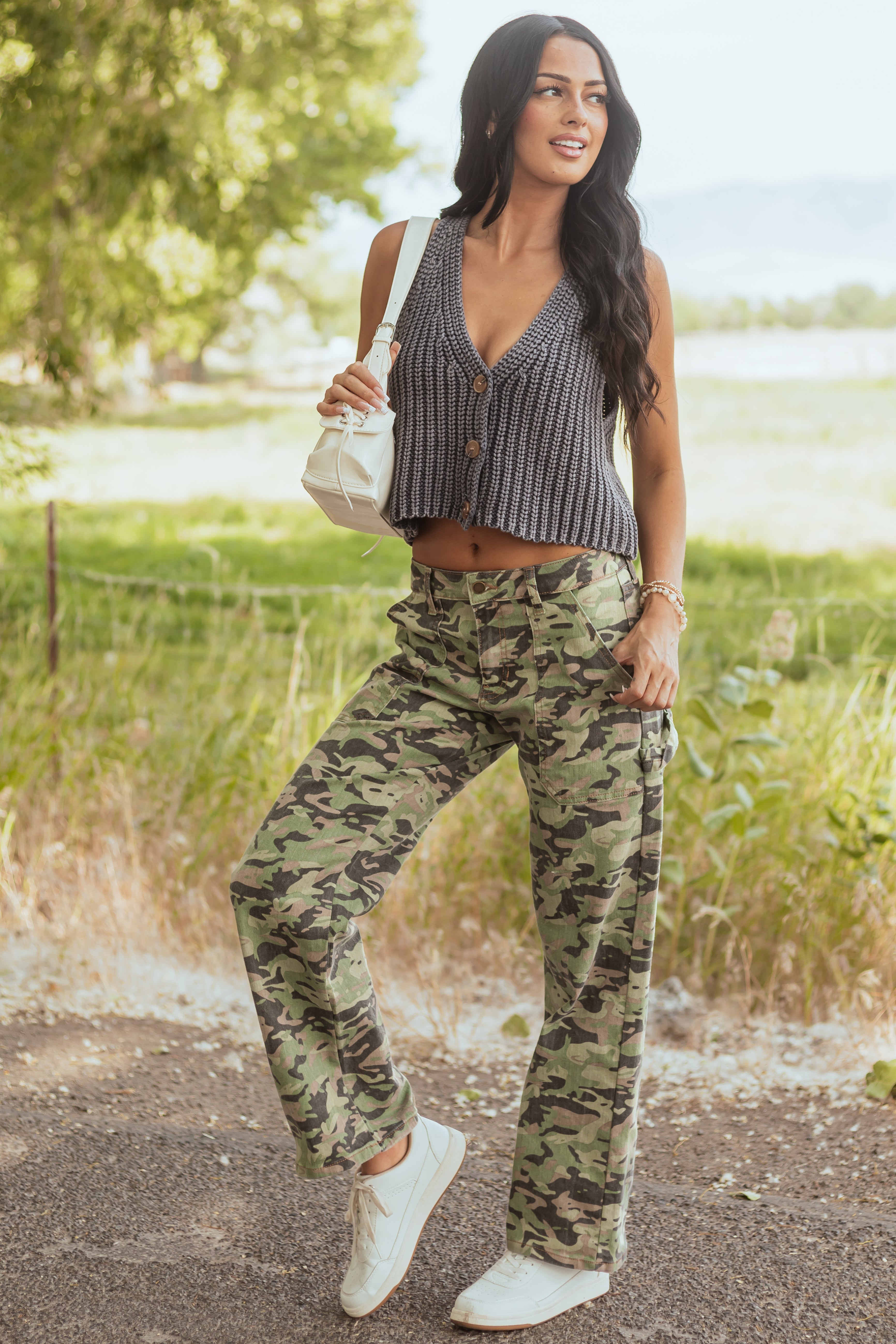 Olive Camo High Rise Straight Leg Carpenter Jeans