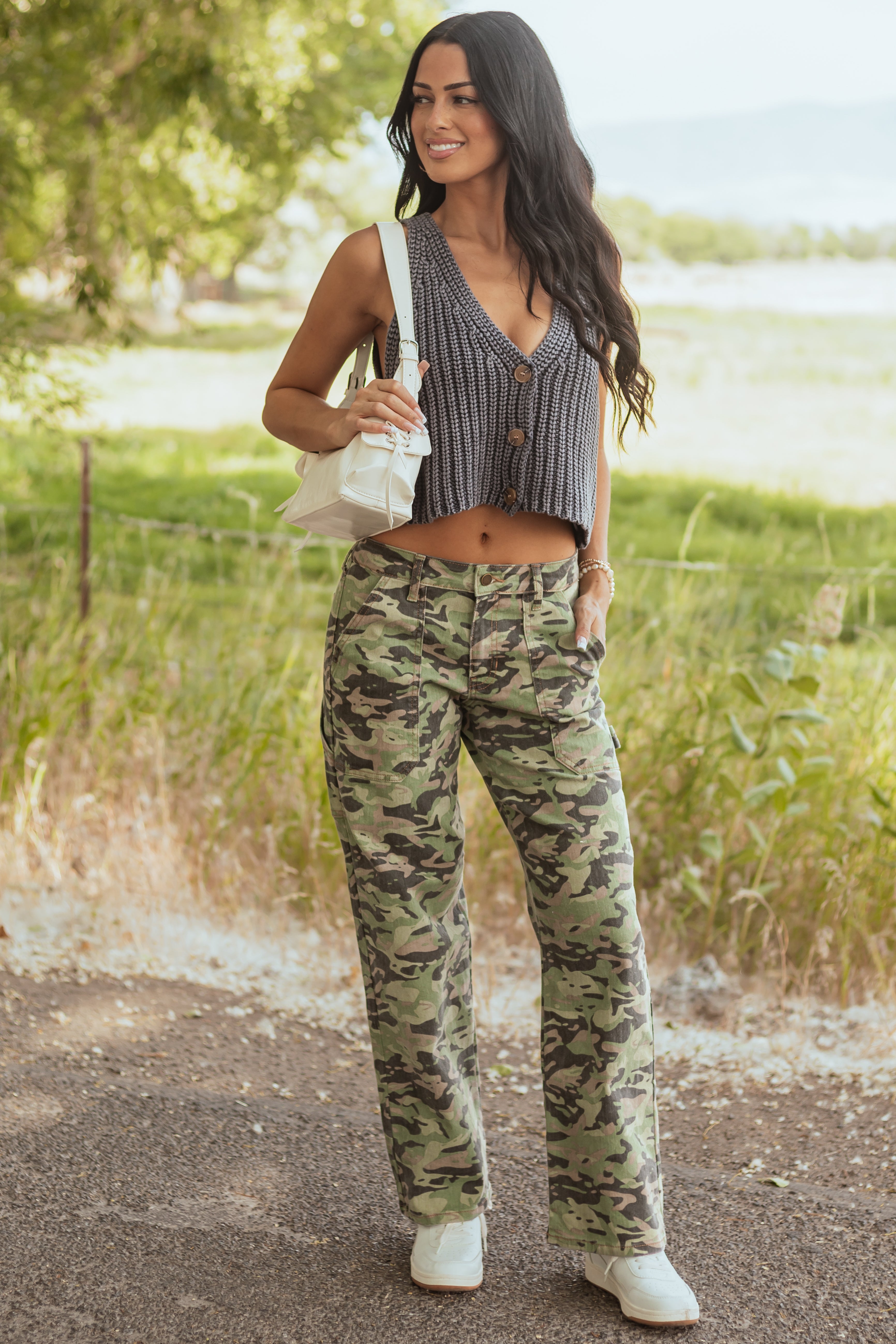 Olive Camo High Rise Straight Leg Carpenter Jeans