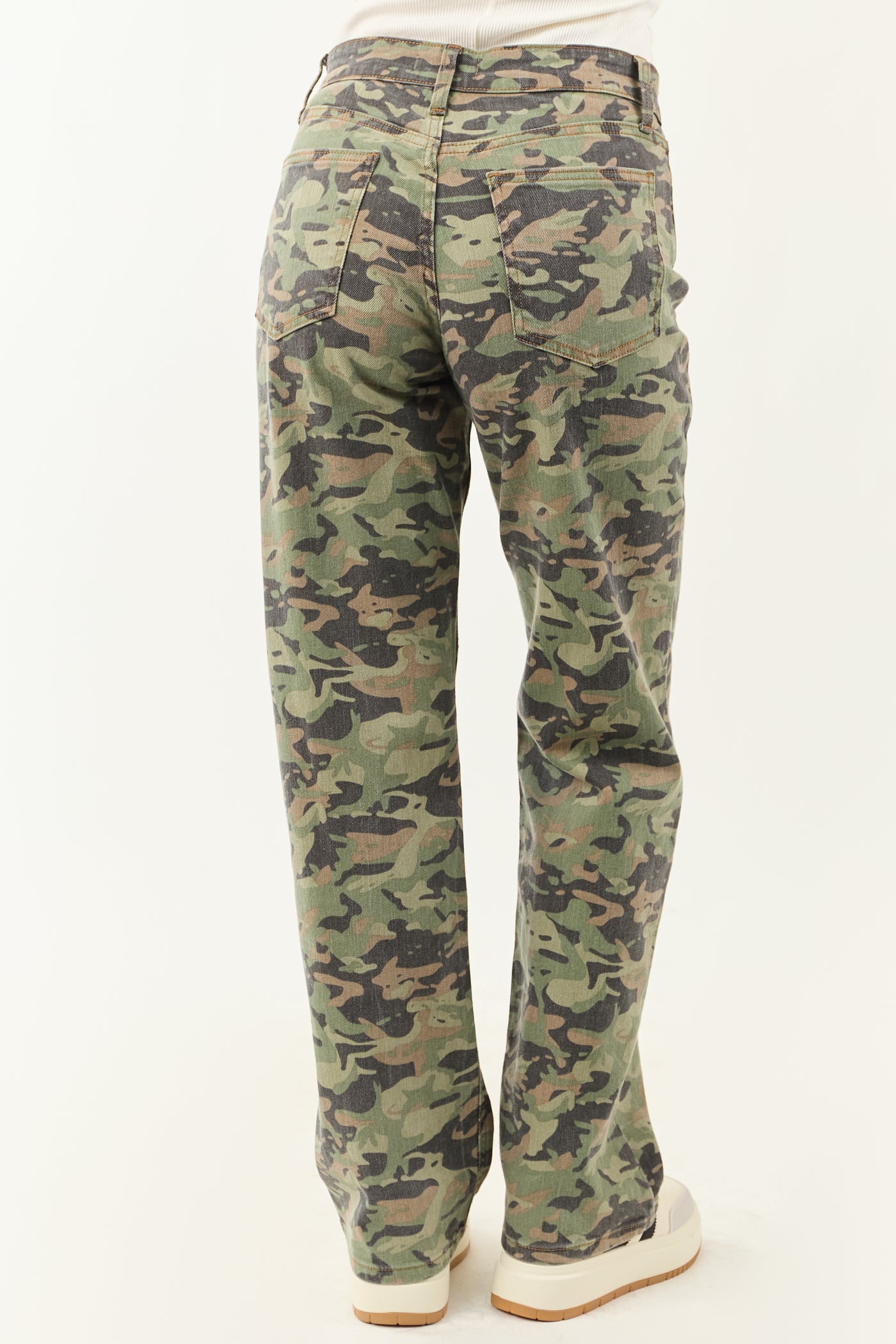 Olive Camo Print Stretchy Relaxed Straight Jeans