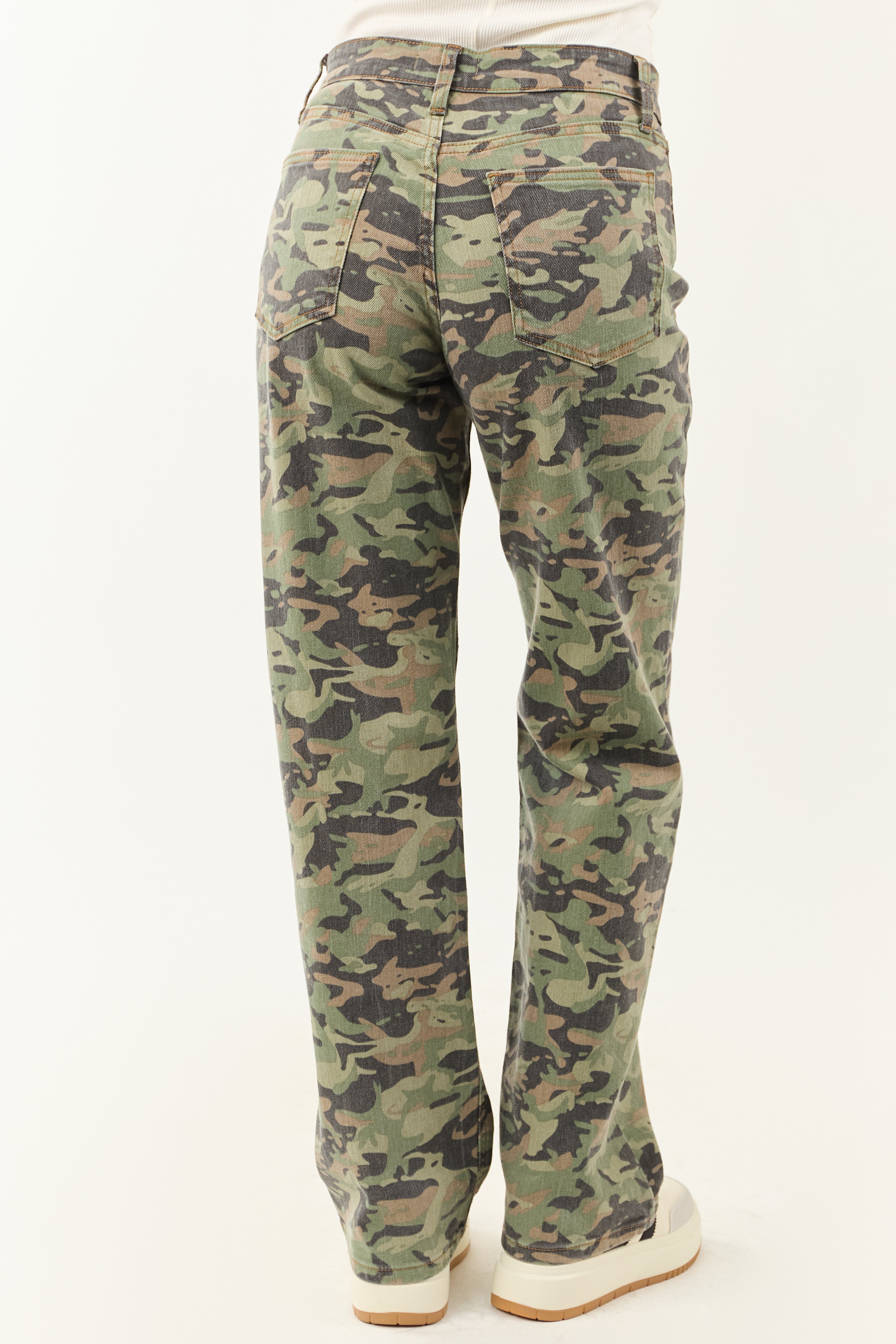 Olive Camo Print Stretchy Relaxed Straight Jeans