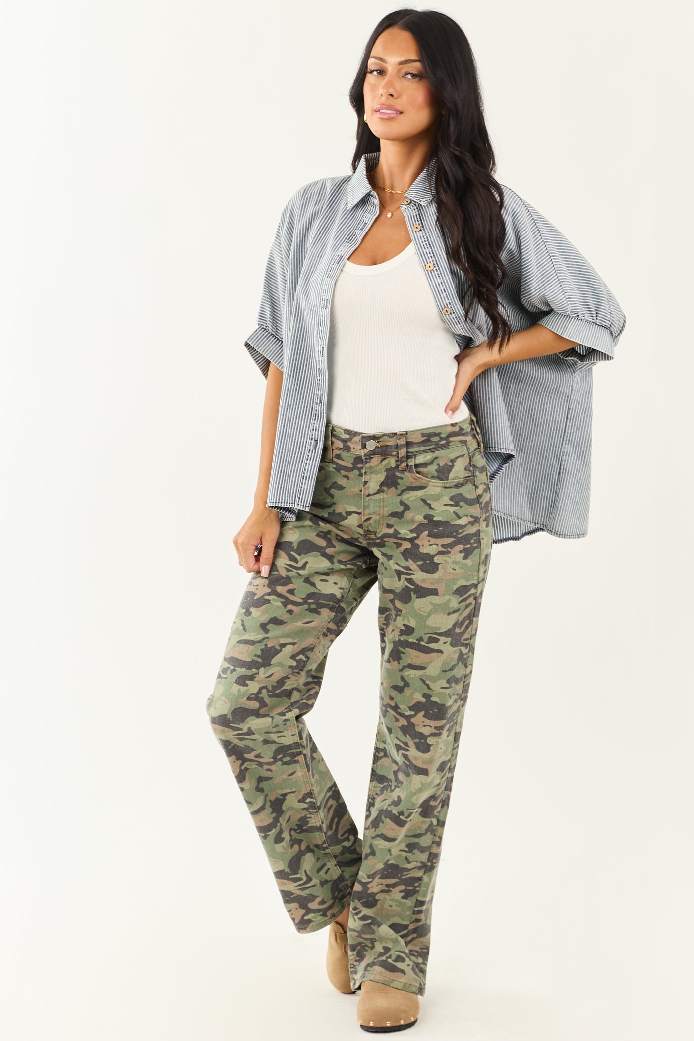 Olive Camo Print Stretchy Relaxed Straight Jeans