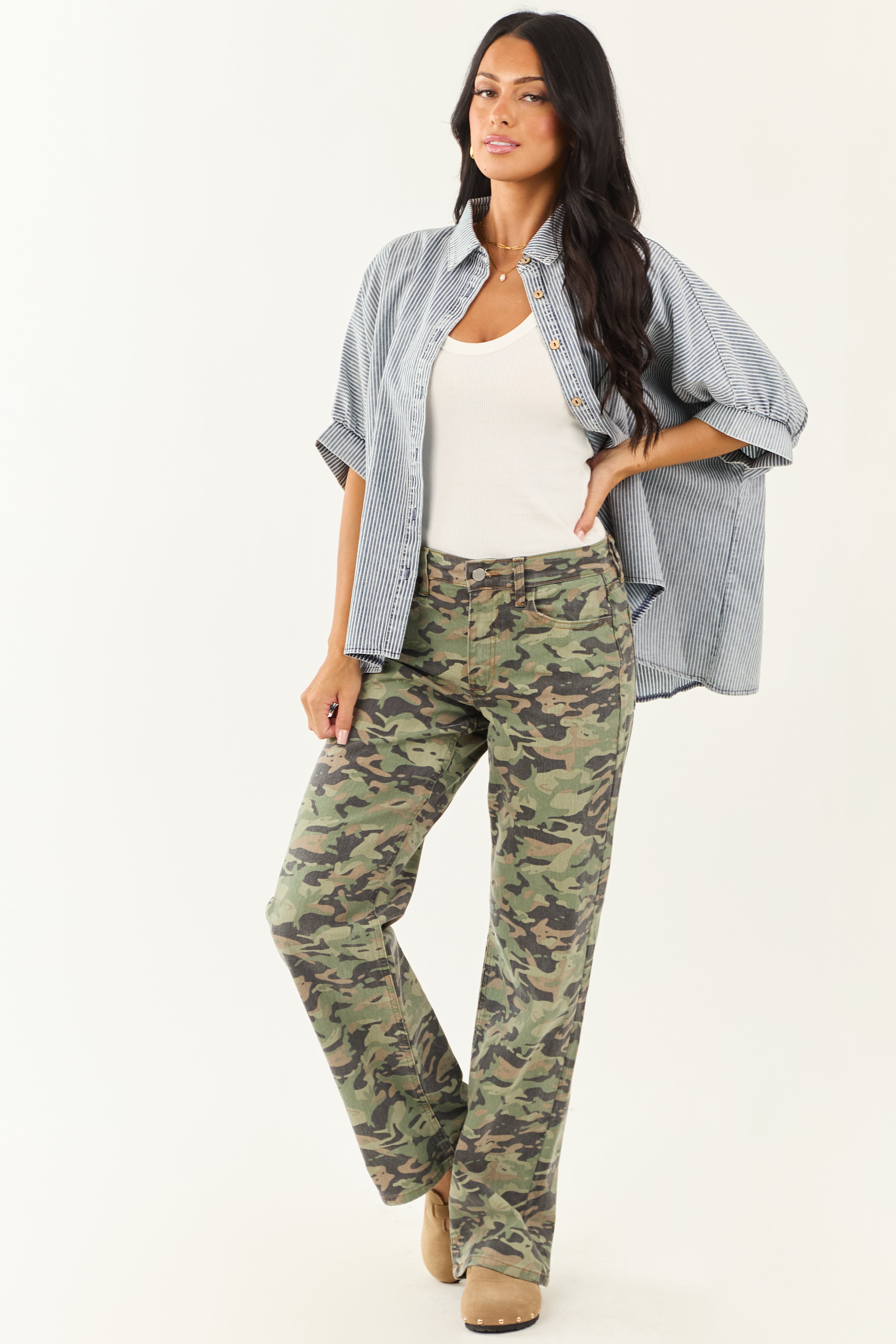 Olive Camo Print Stretchy Relaxed Straight Jeans