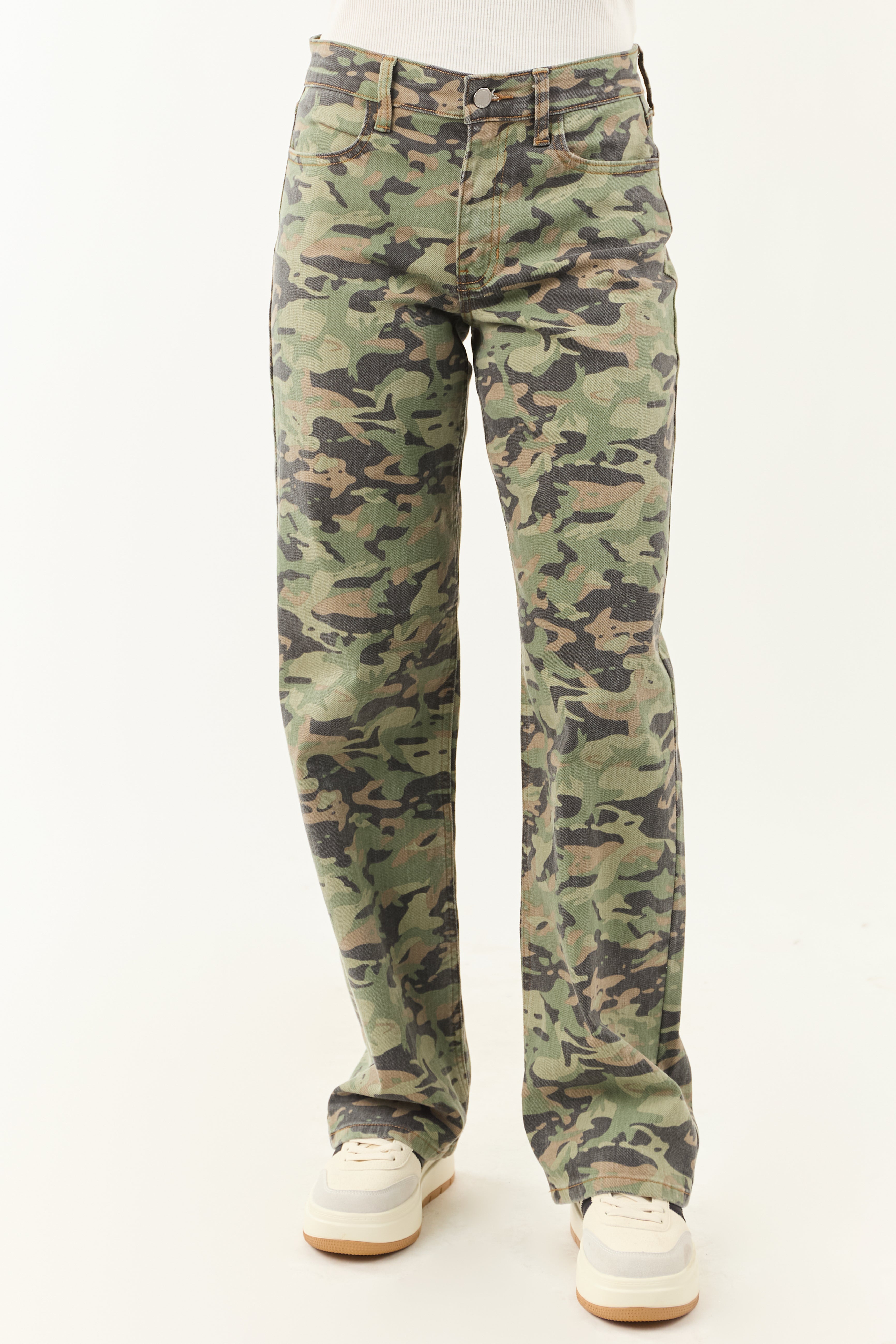 Olive Camo Print Stretchy Relaxed Straight Jeans | Lime Lush Boutique