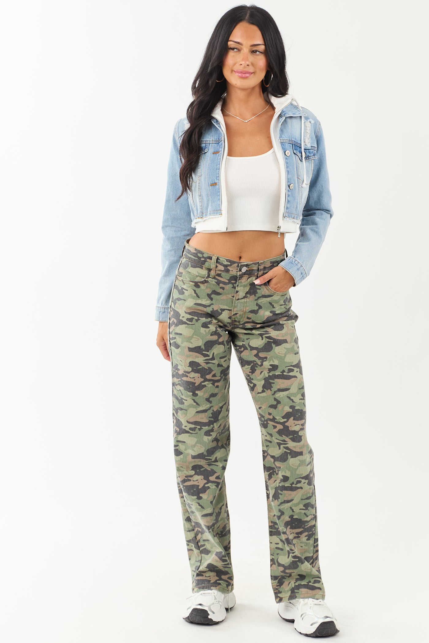 Olive Camo Print Stretchy Relaxed Straight Jeans