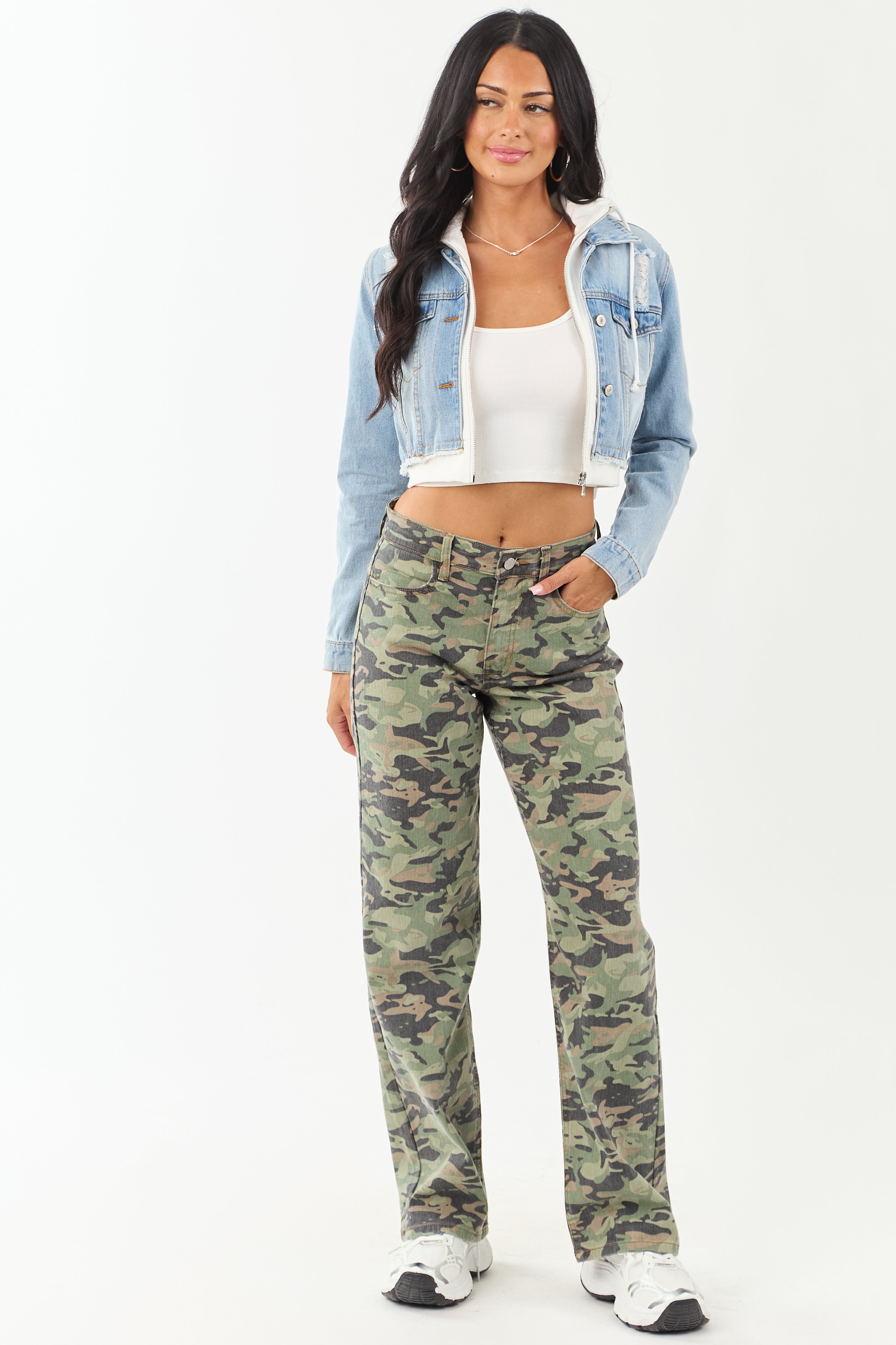 Olive Camo Print Stretchy Relaxed Straight Jeans