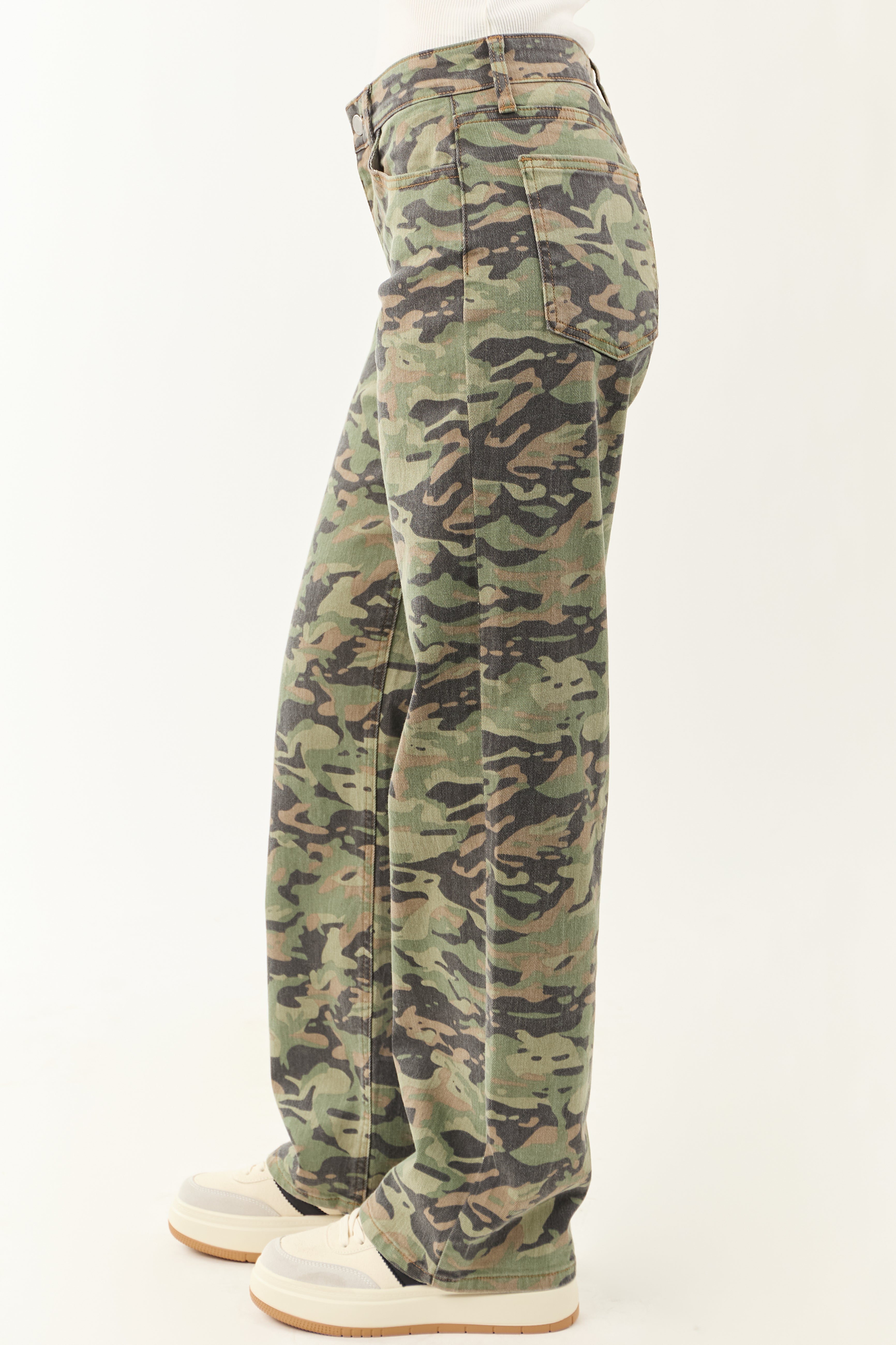 Olive Camo Print Stretchy Relaxed Straight Jeans