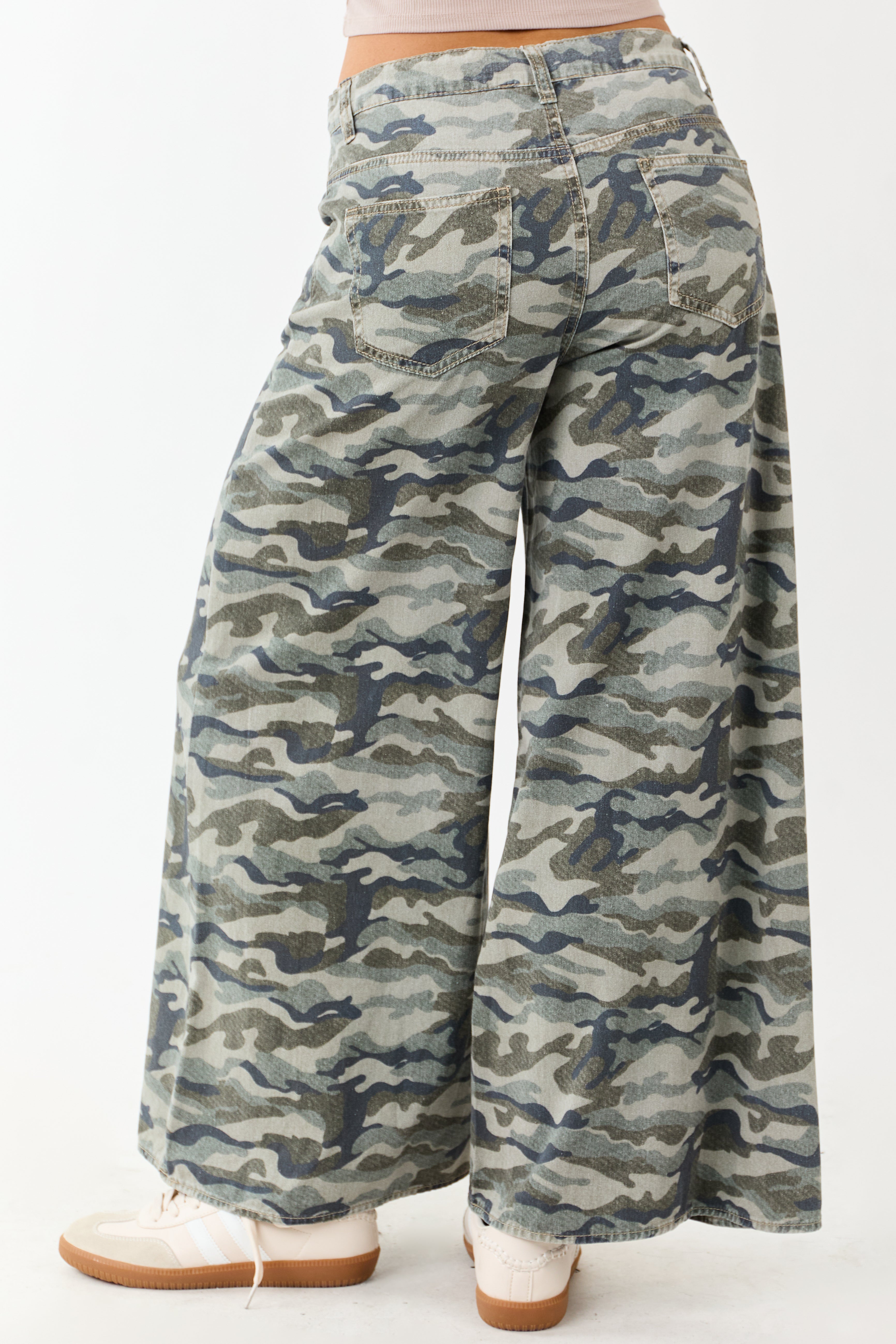 Olive Camo Print Wide Leg Drawstring Denim Pants