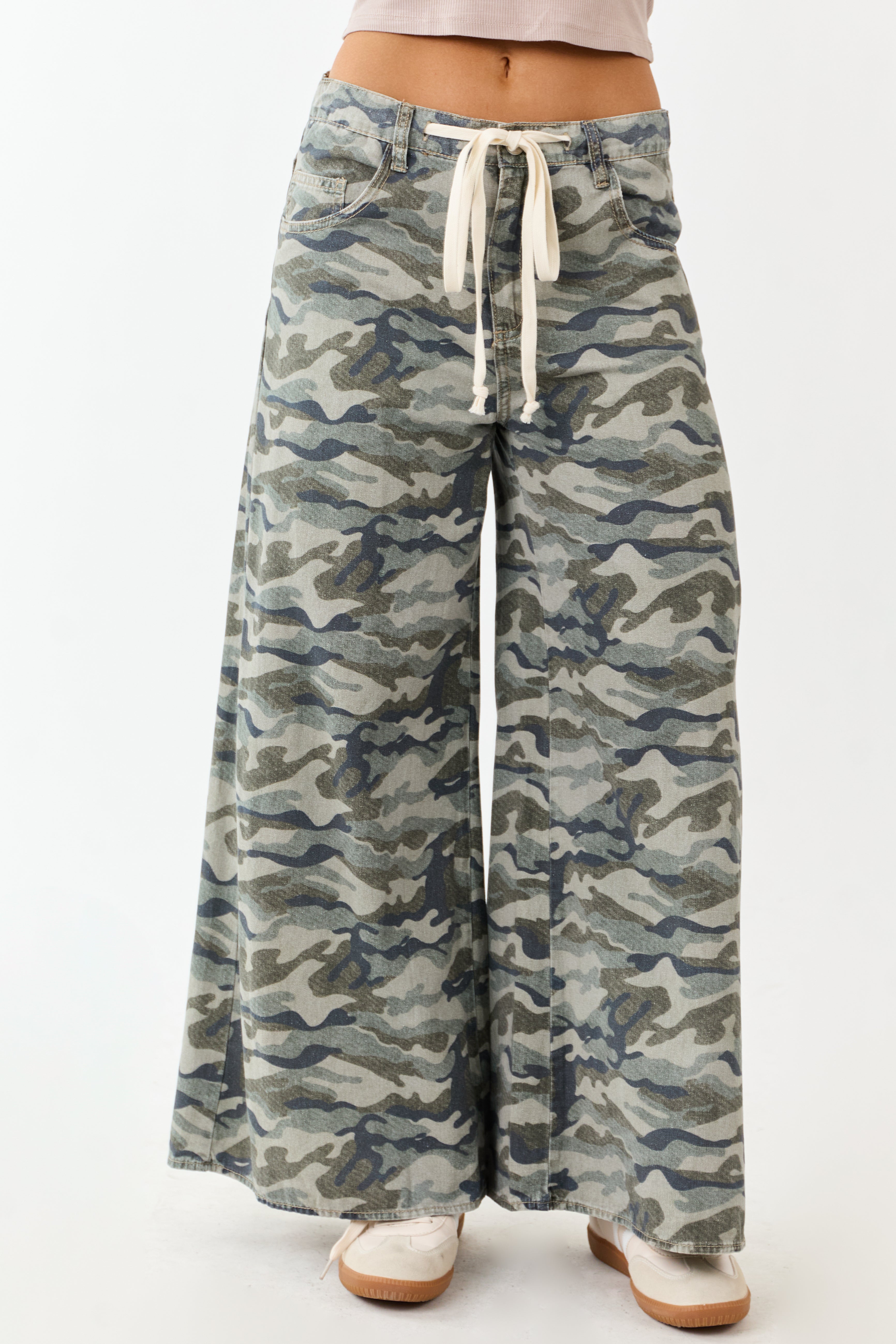 Olive Camo Print Wide Leg Drawstring Denim Pants