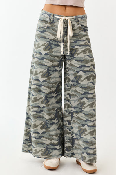 Olive Camo Print Wide Leg Drawstring Denim Pants