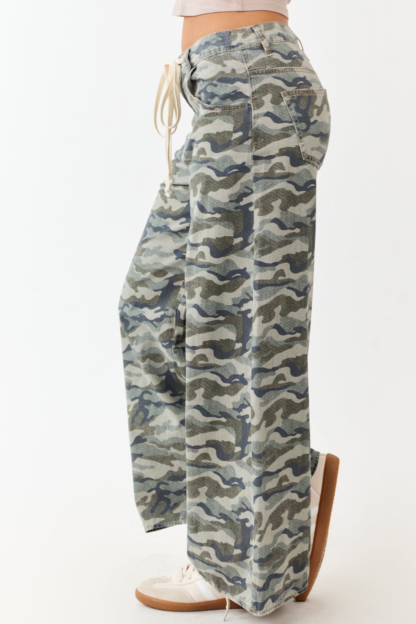 Olive Camo Print Wide Leg Drawstring Denim Pants