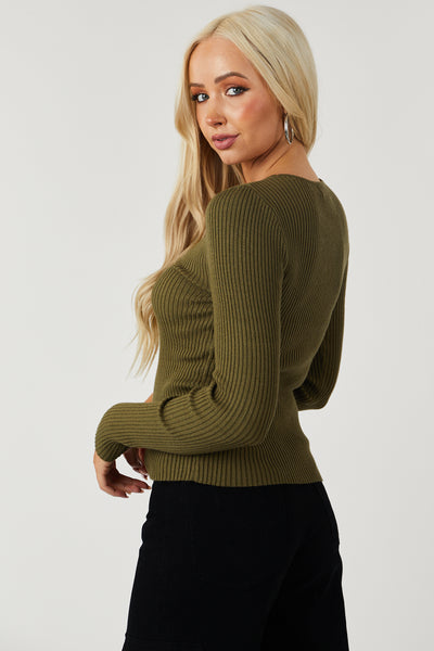 Olive Chest Cut Out Fitted Ribbed Sweater Top