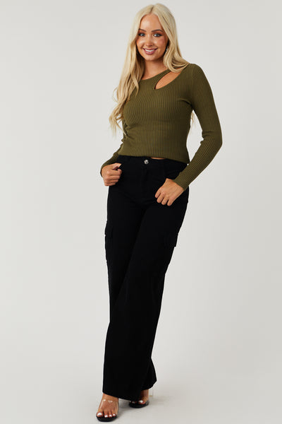 Olive Chest Cut Out Fitted Ribbed Sweater Top