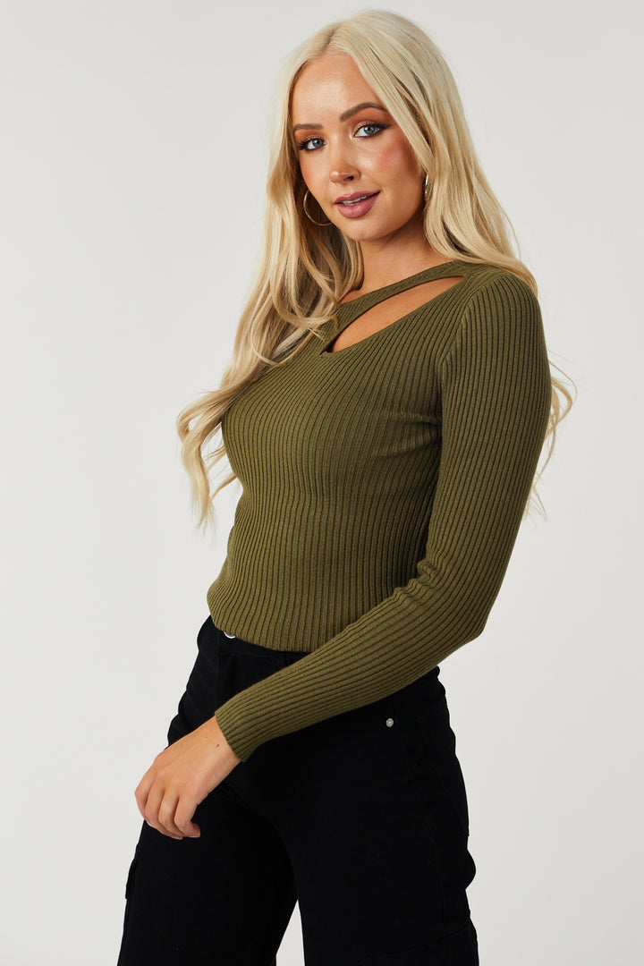 Olive Chest Cut Out Fitted Ribbed Sweater Top
