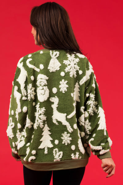 Olive Christmas Print Soft Sherpa Pullover