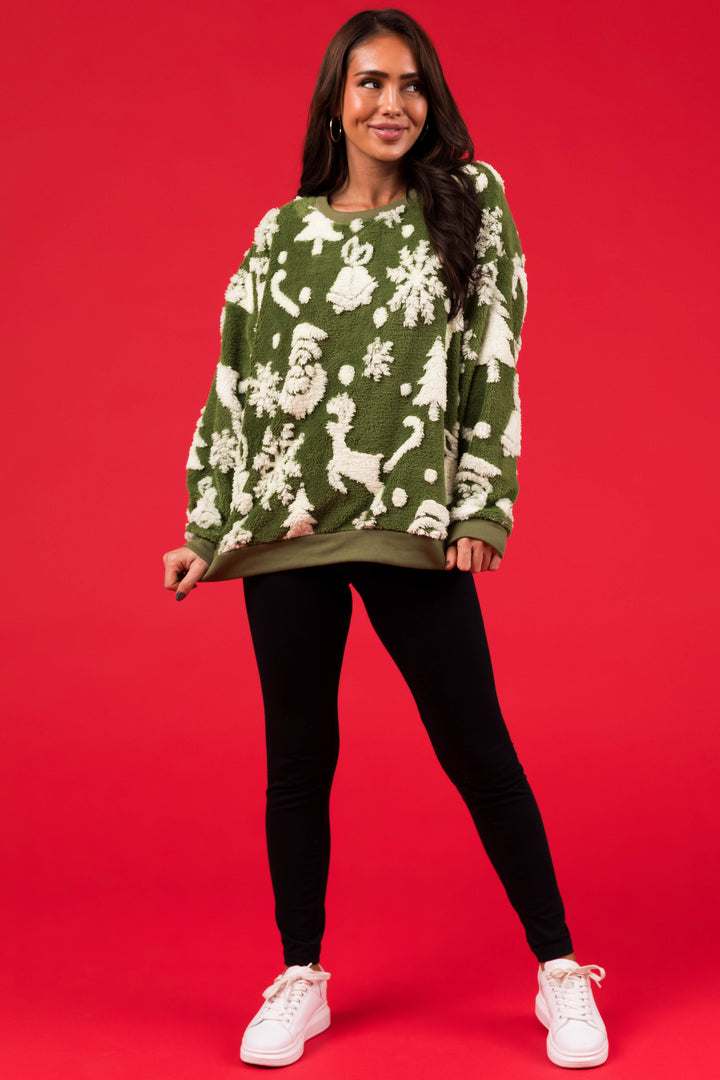 Olive Christmas Print Soft Sherpa Pullover