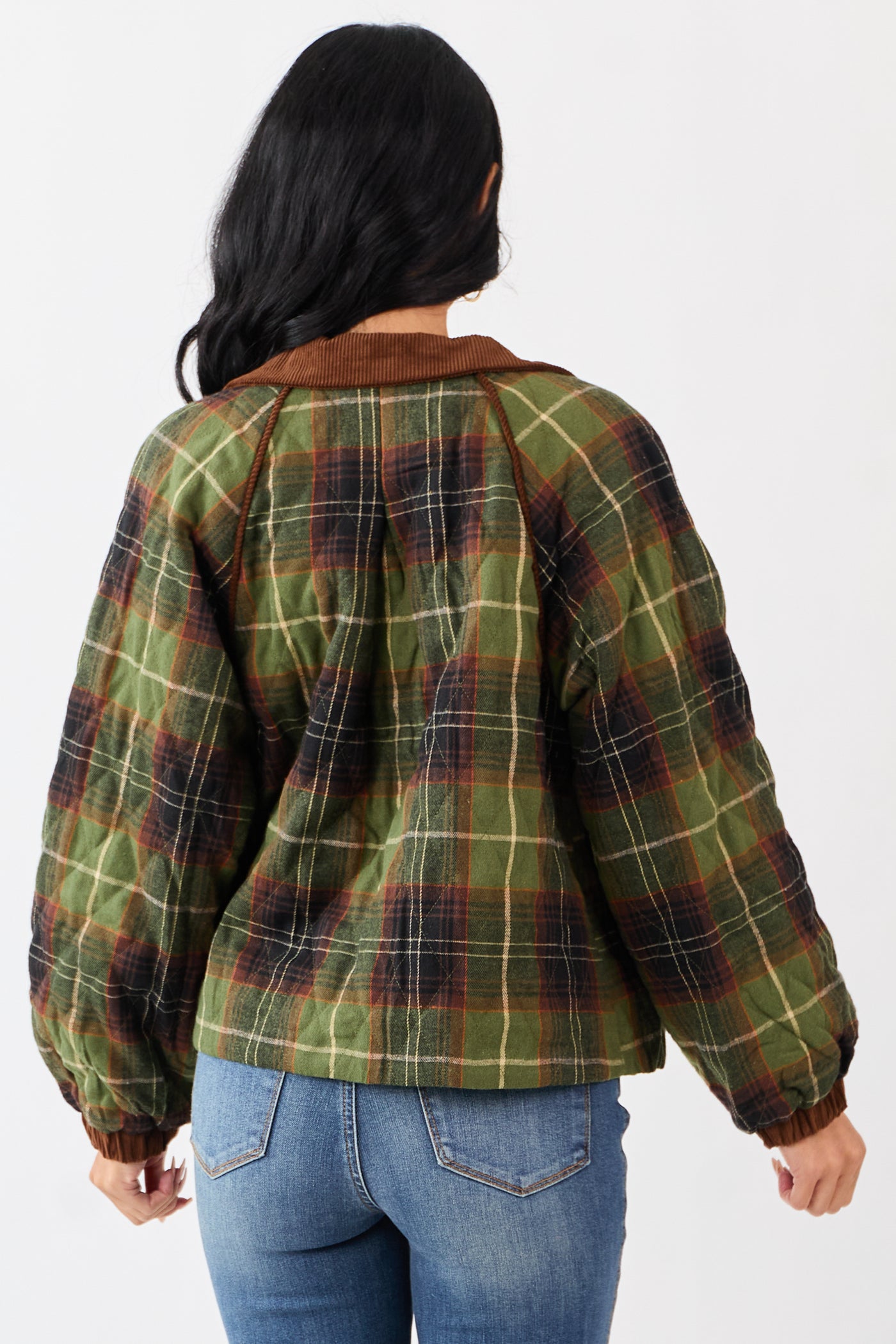 Olive Cotton Quilted Plaid Contrast Corduroy Jacket