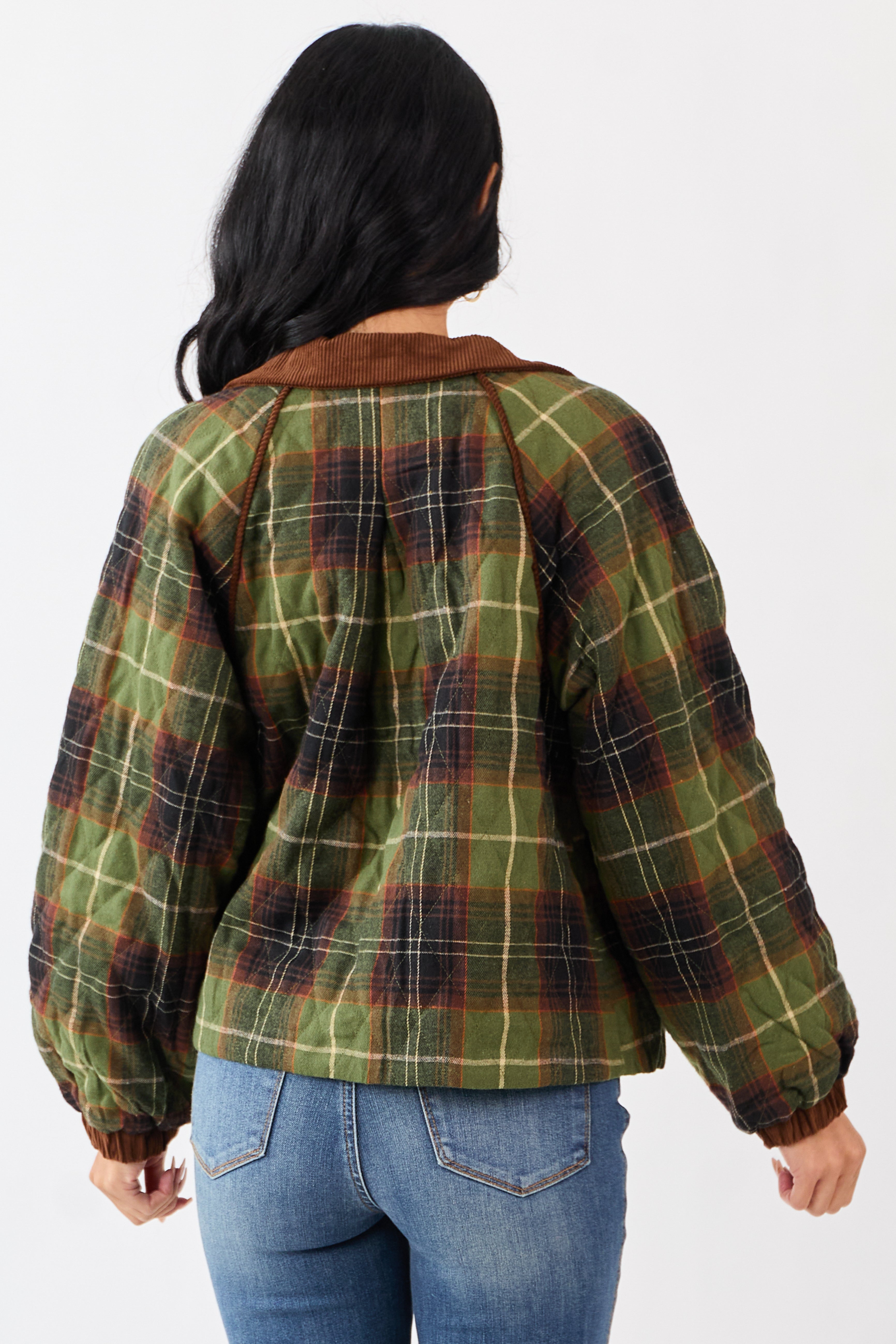 Olive Cotton Quilted Plaid Contrast Corduroy Jacket