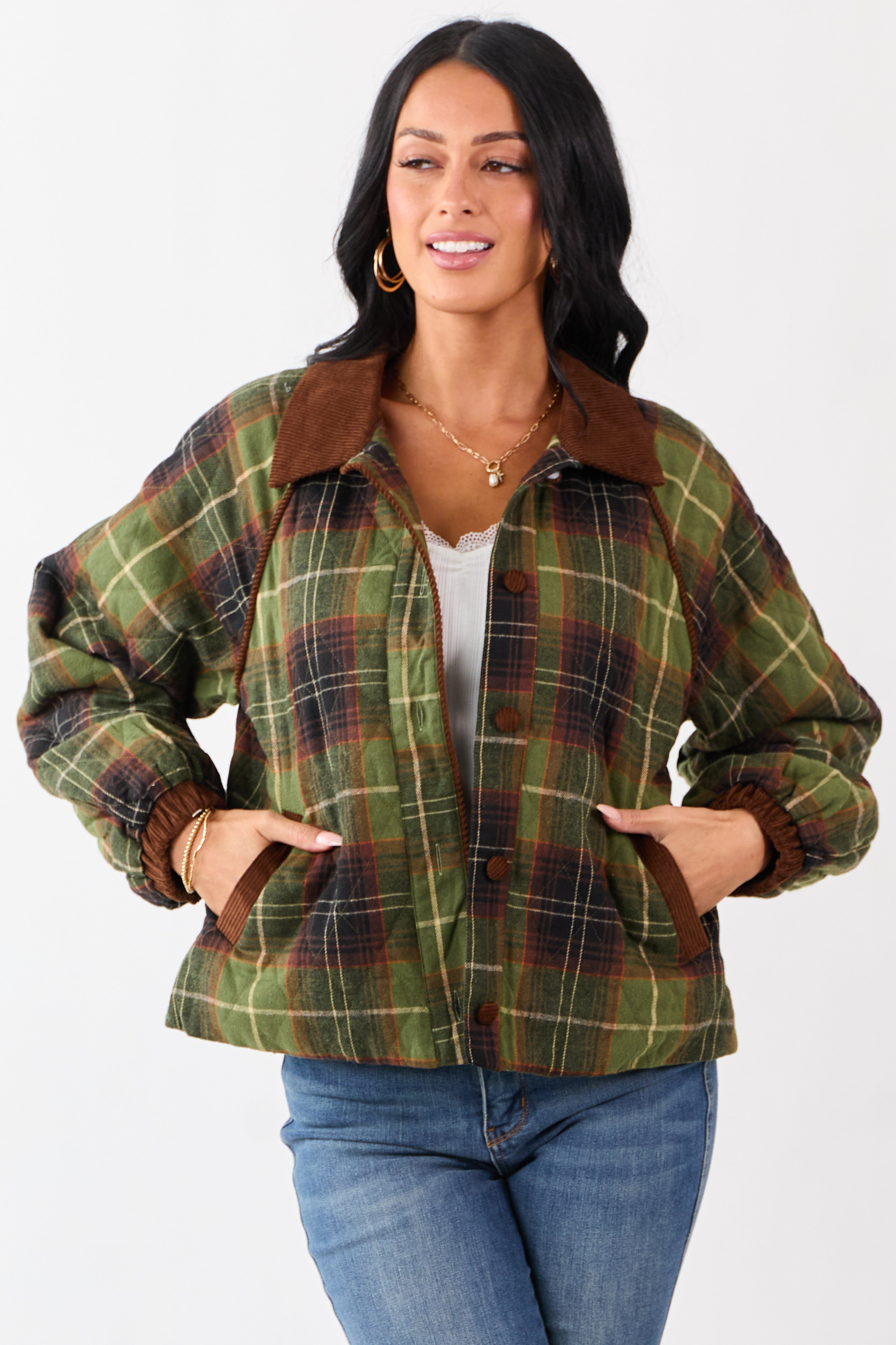 Olive Cotton Quilted Plaid Contrast Corduroy Jacket | Lime Lush