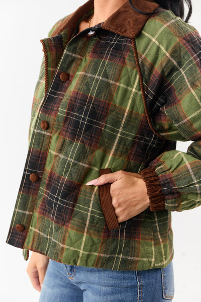 Olive Cotton Quilted Plaid Contrast Corduroy Jacket