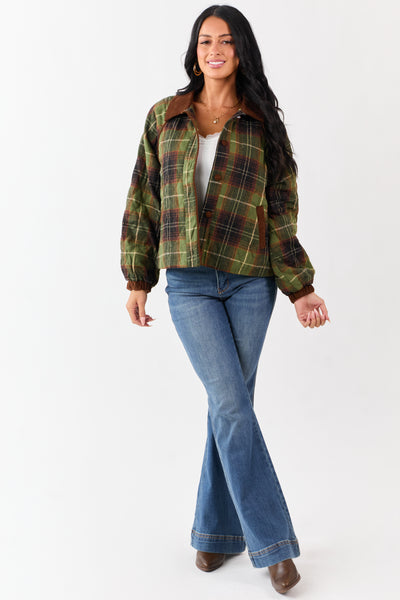 Olive Cotton Quilted Plaid Contrast Corduroy Jacket
