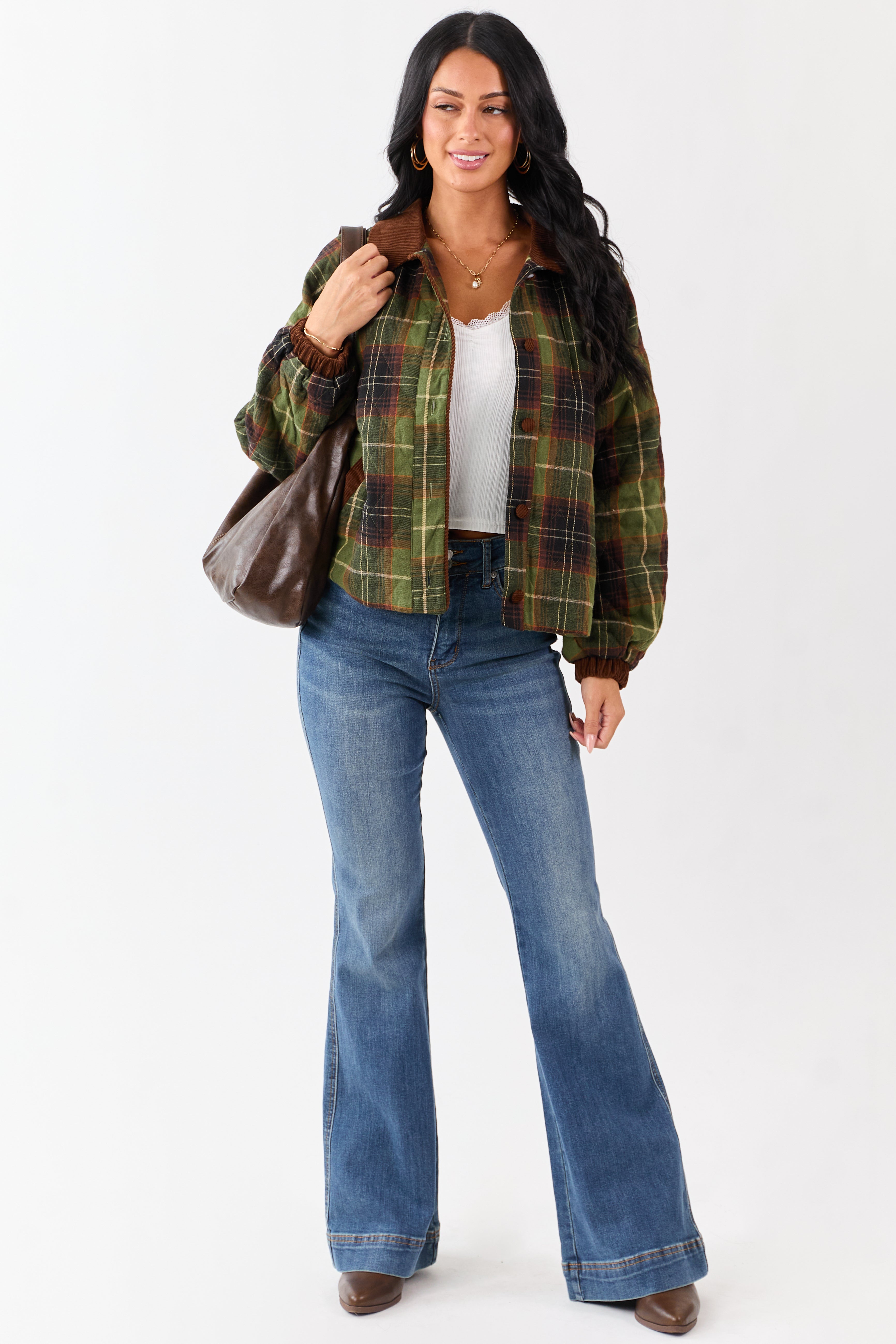 Olive Cotton Quilted Plaid Contrast Corduroy Jacket | Lime Lush