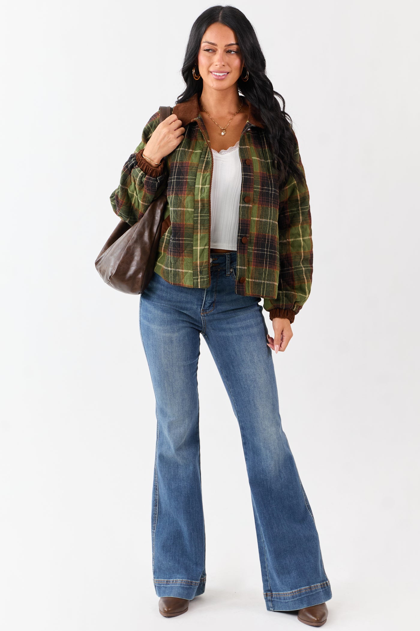 Olive Cotton Quilted Plaid Contrast Corduroy Jacket