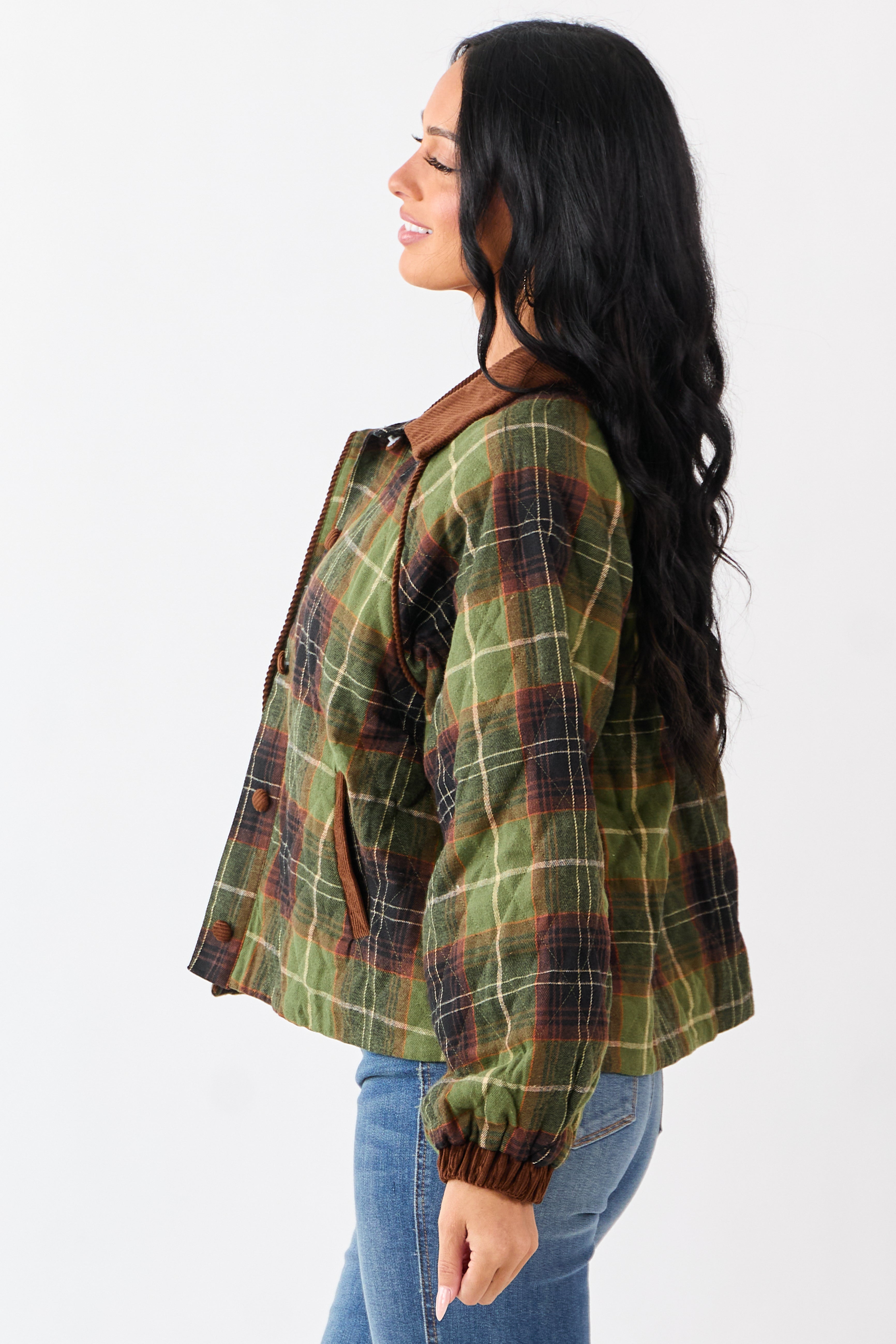 Olive Cotton Quilted Plaid Contrast Corduroy Jacket