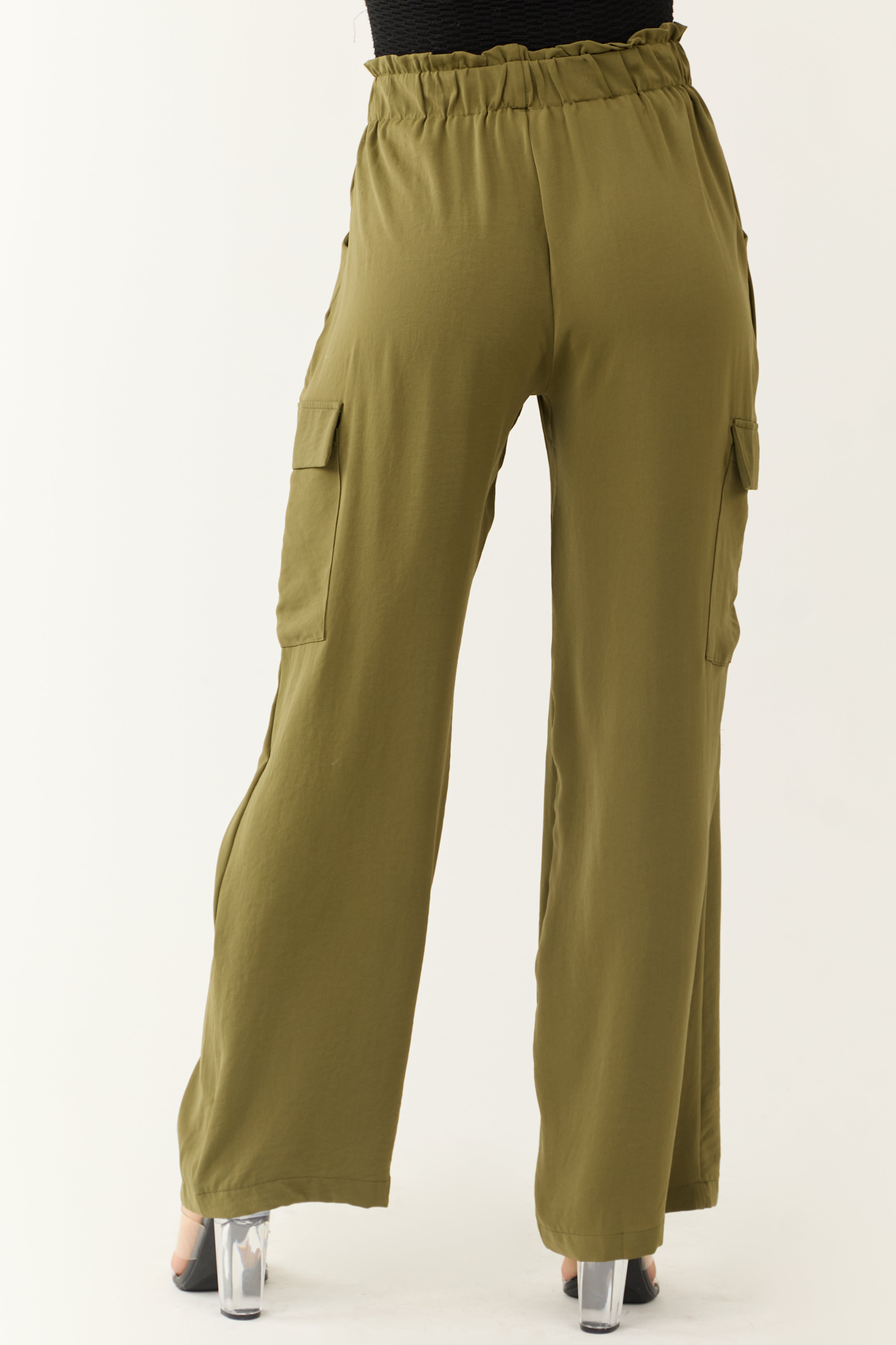 Olive Elastic Paperbag Waist Drawstring Cargo Pants | Lime Lush