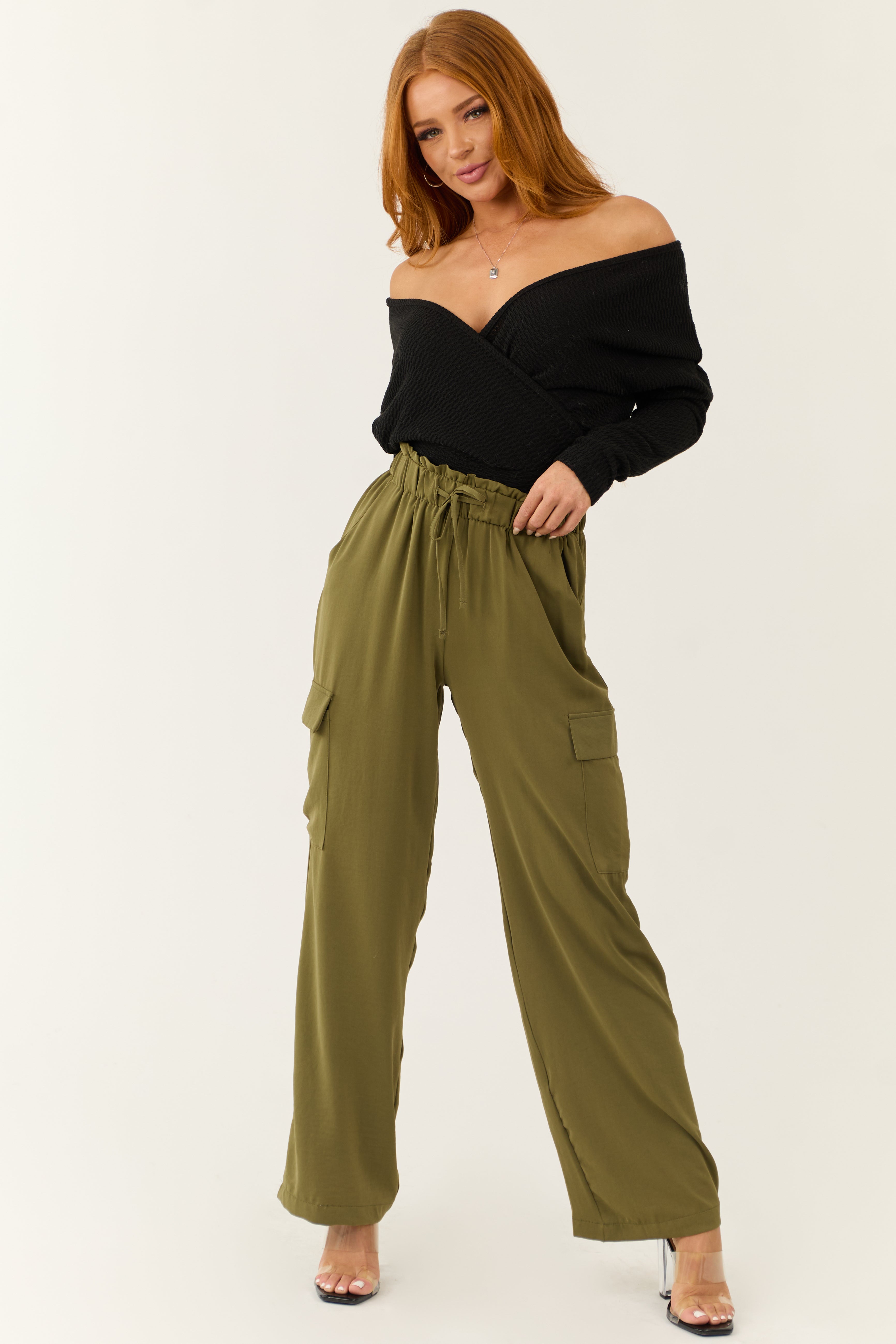 Olive Elastic Paperbag Waist Drawstring Cargo Pants | Lime Lush