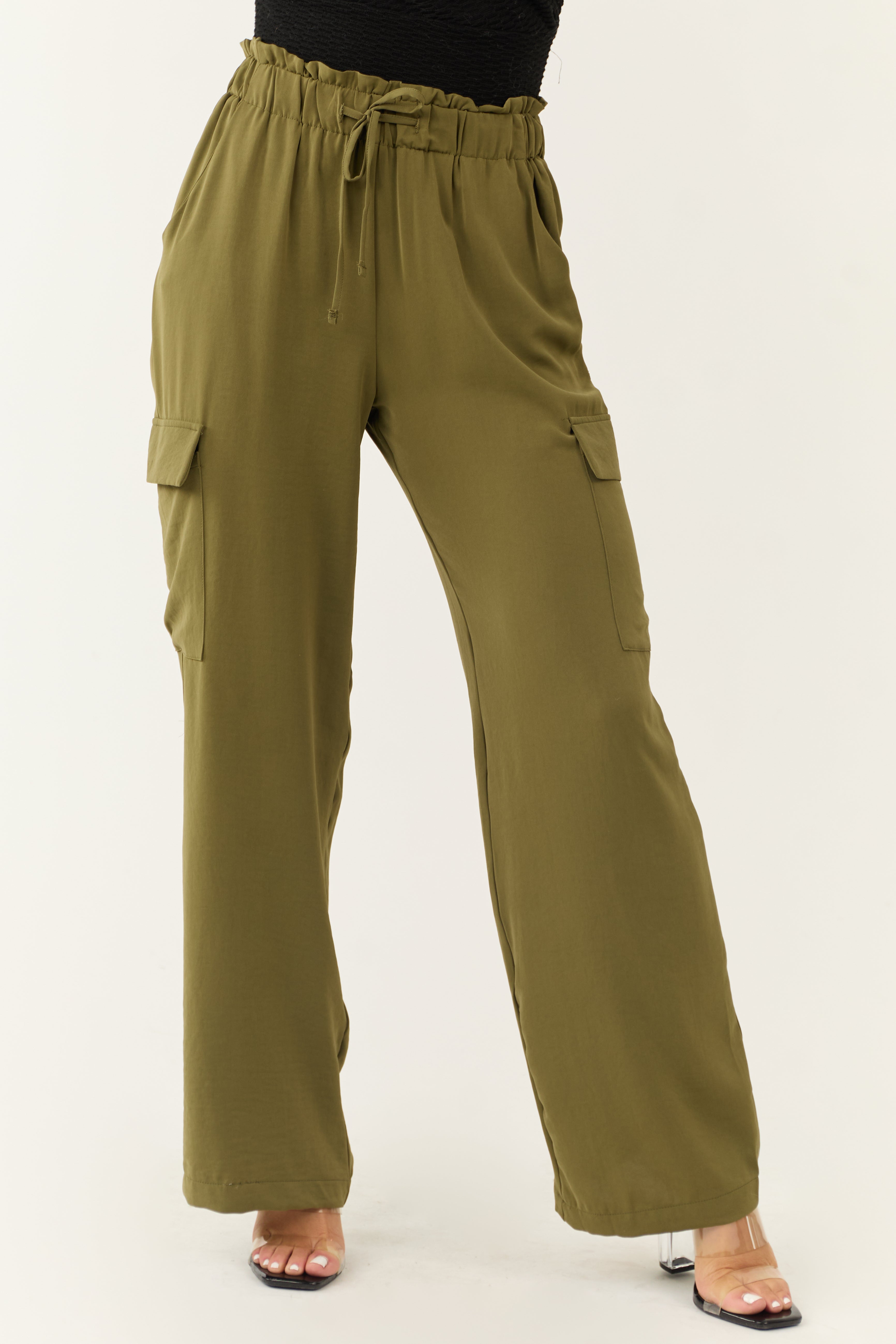 Olive Elastic Paperbag Waist Drawstring Cargo Pants | Lime Lush