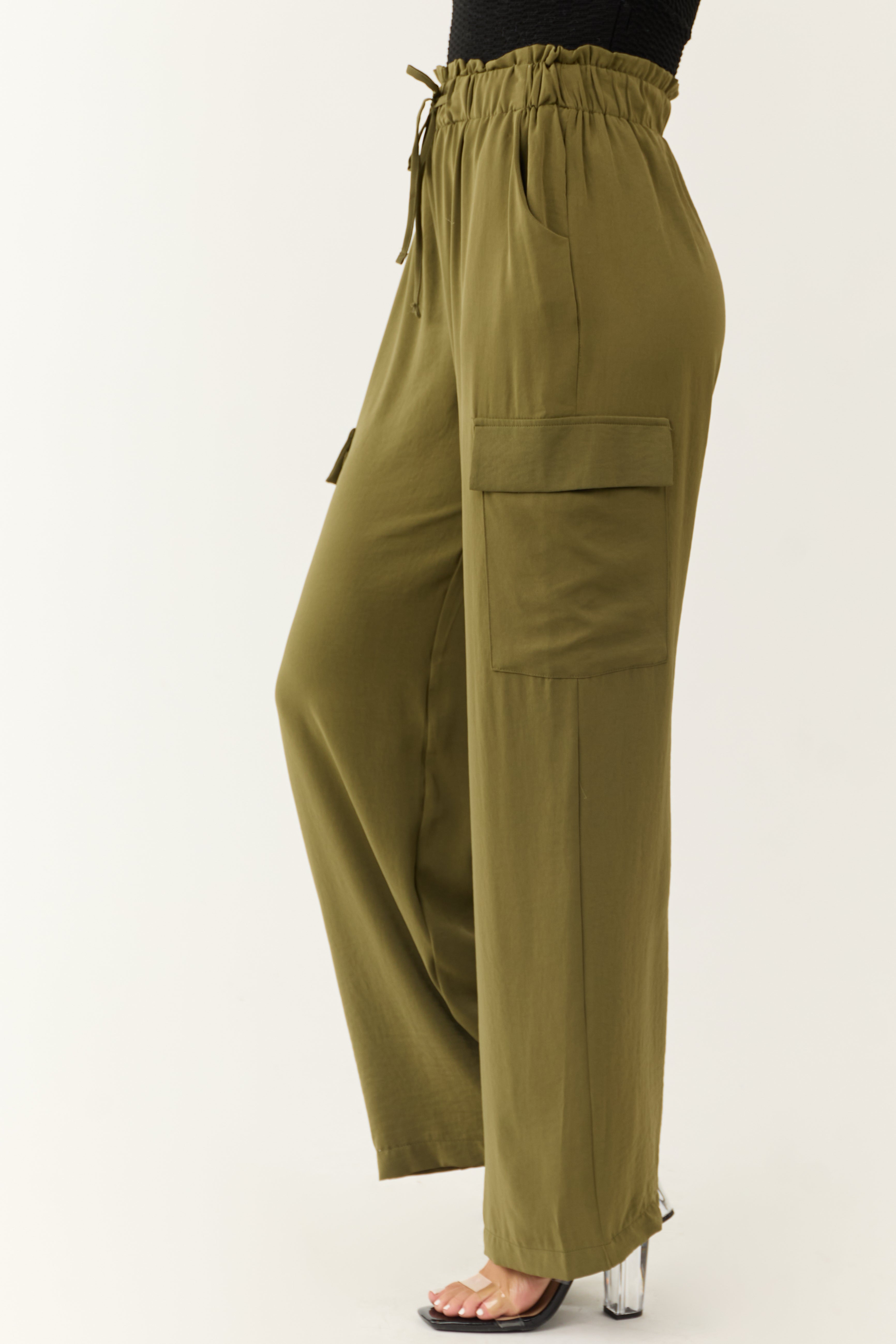 Olive Elastic Paperbag Waist Drawstring Cargo Pants | Lime