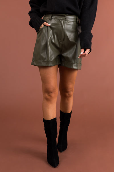 Olive Elastic Waist Faux Leather Shorts