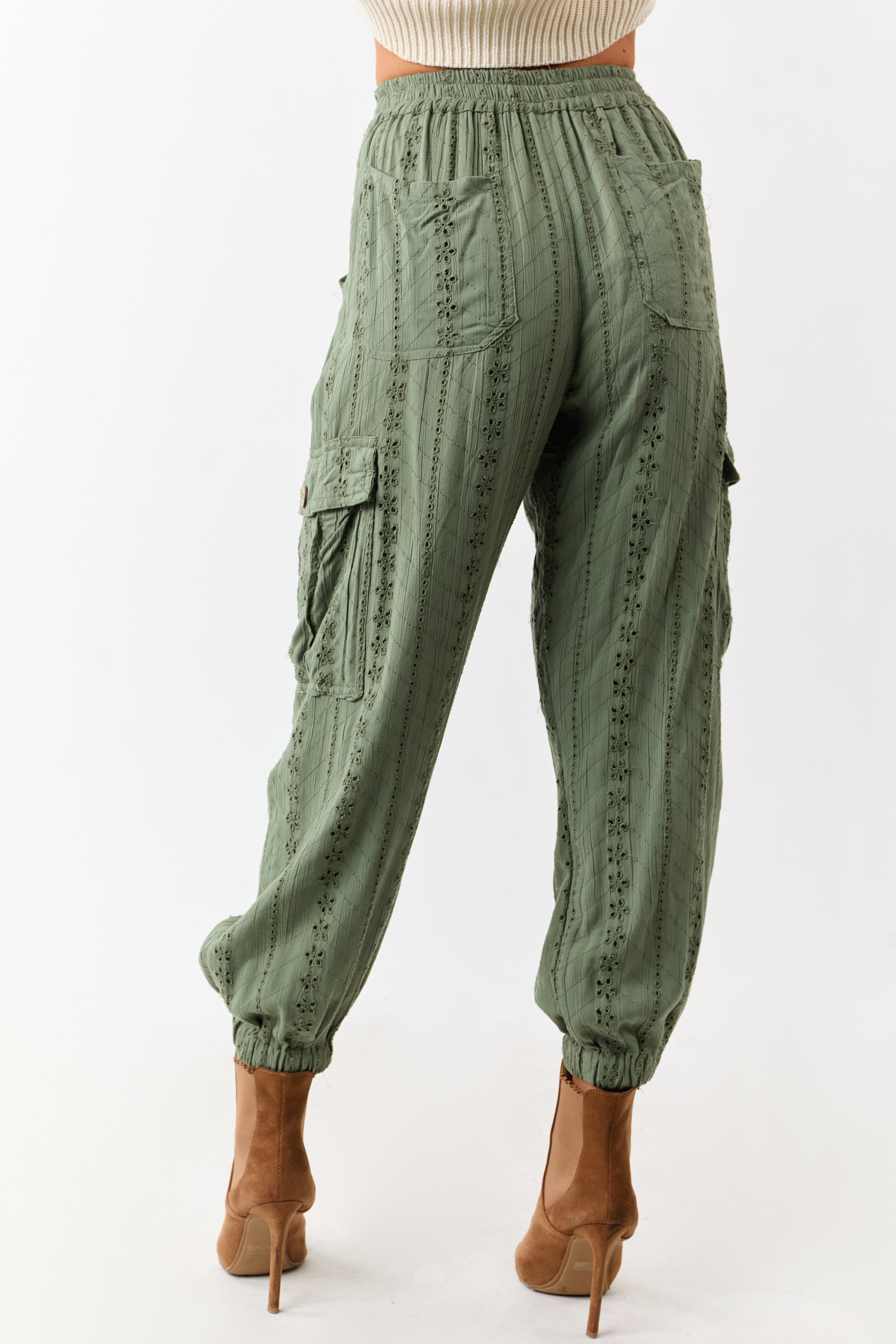 Olive Eyelet Lace Drawstring Cargo Jogger Pants