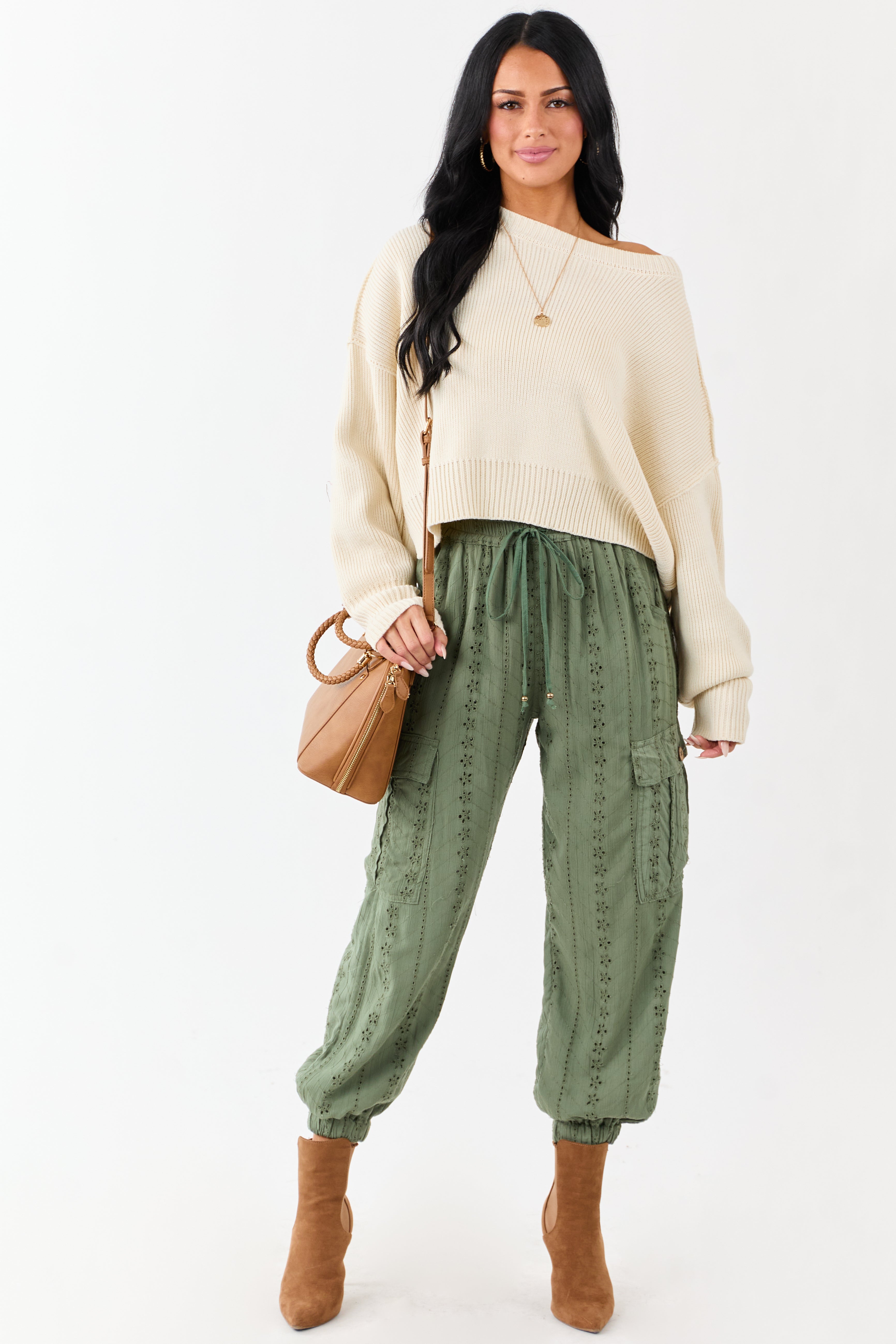 Olive Eyelet Lace Drawstring Cargo Jogger Pants