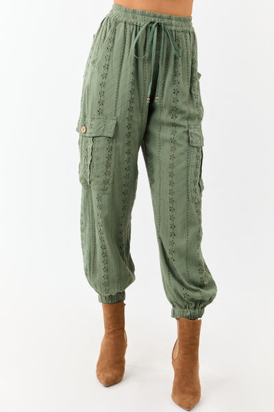 Olive Eyelet Lace Drawstring Cargo Jogger Pants