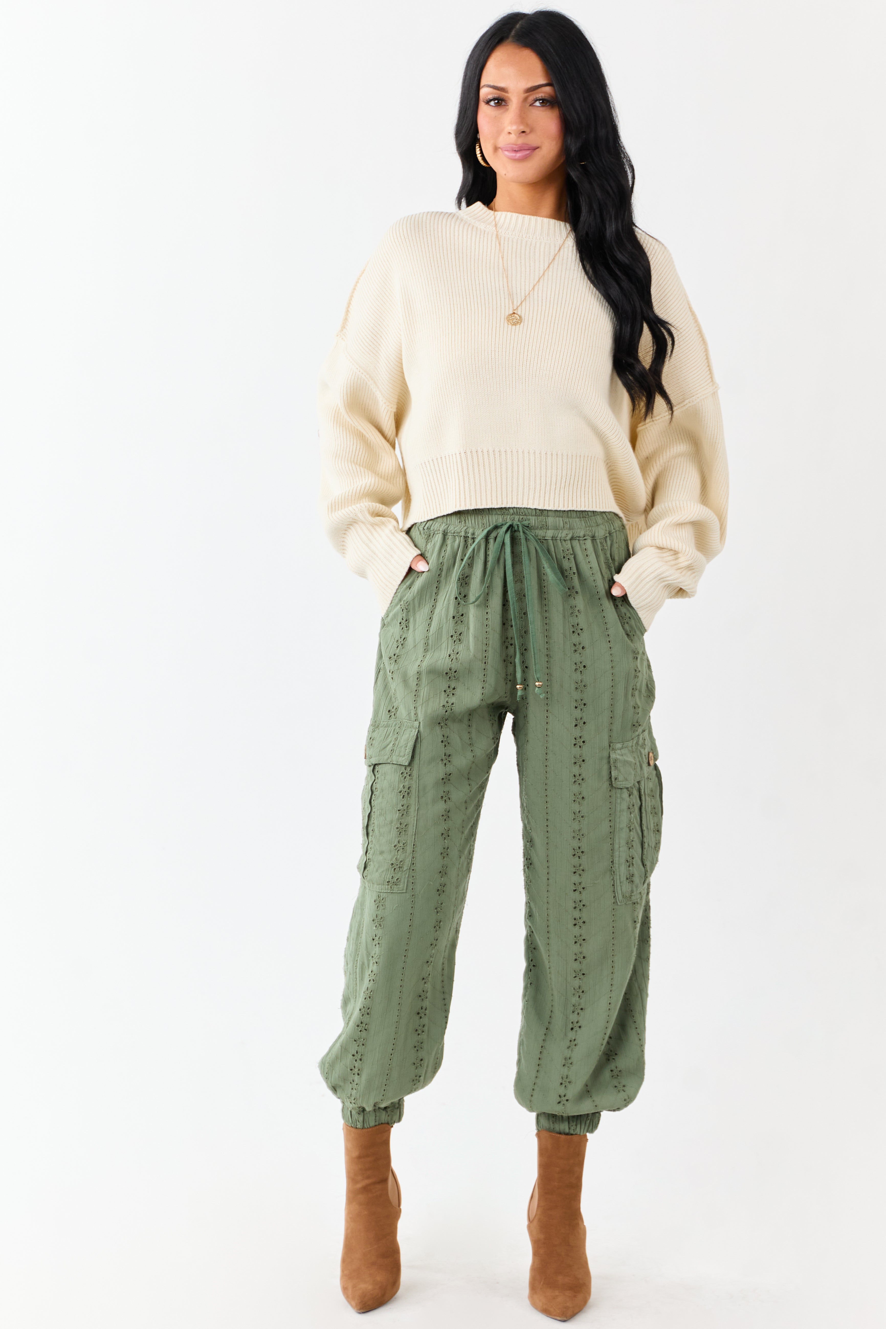 Olive Eyelet Lace Drawstring Cargo Jogger Pants